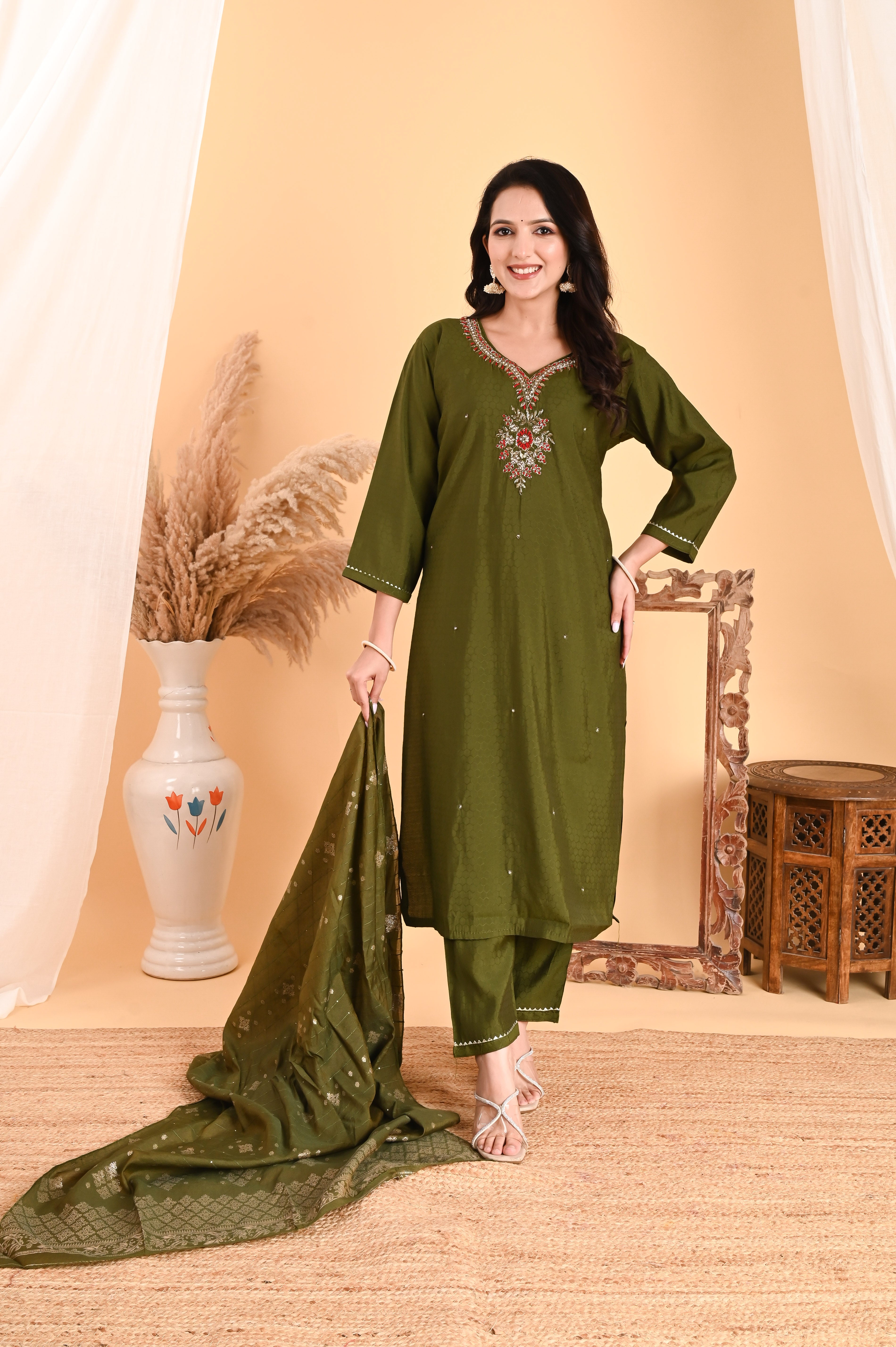 NR- 104/ Olive Green Floral Embroidered Kurta Set