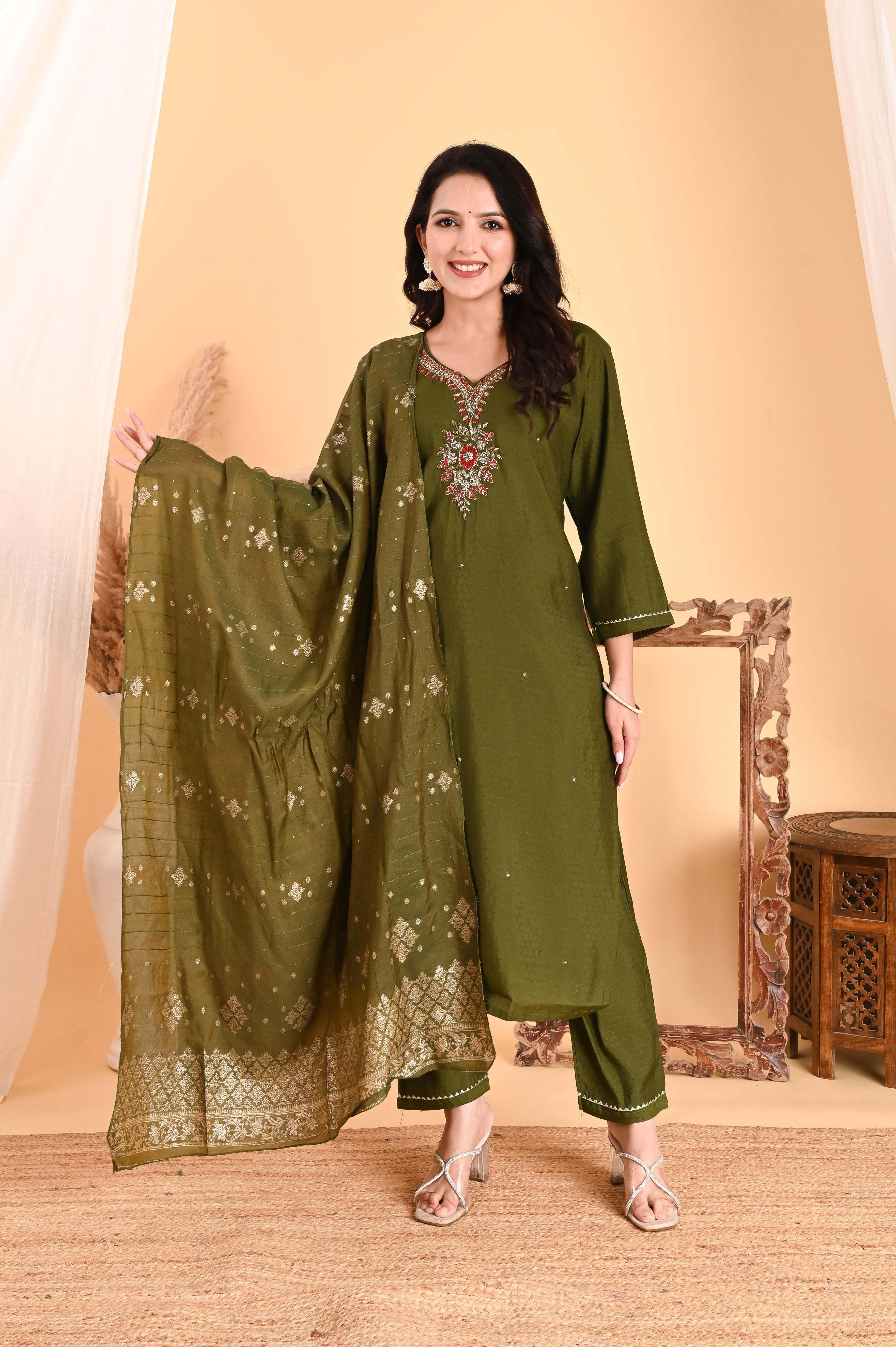 NR- 104/ Olive Green Floral Embroidered Kurta Set