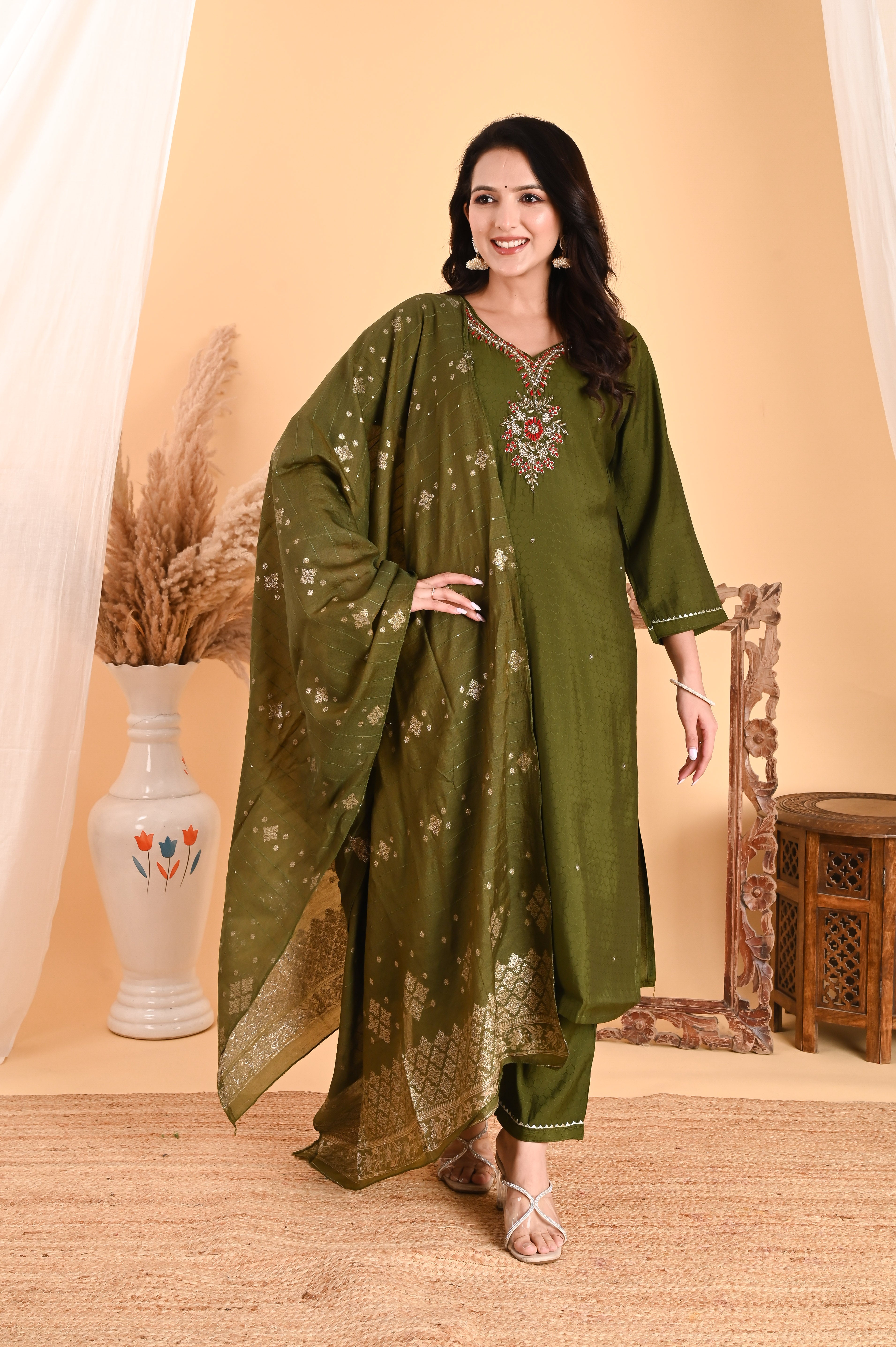 NR- 104/ Olive Green Floral Embroidered Kurta Set