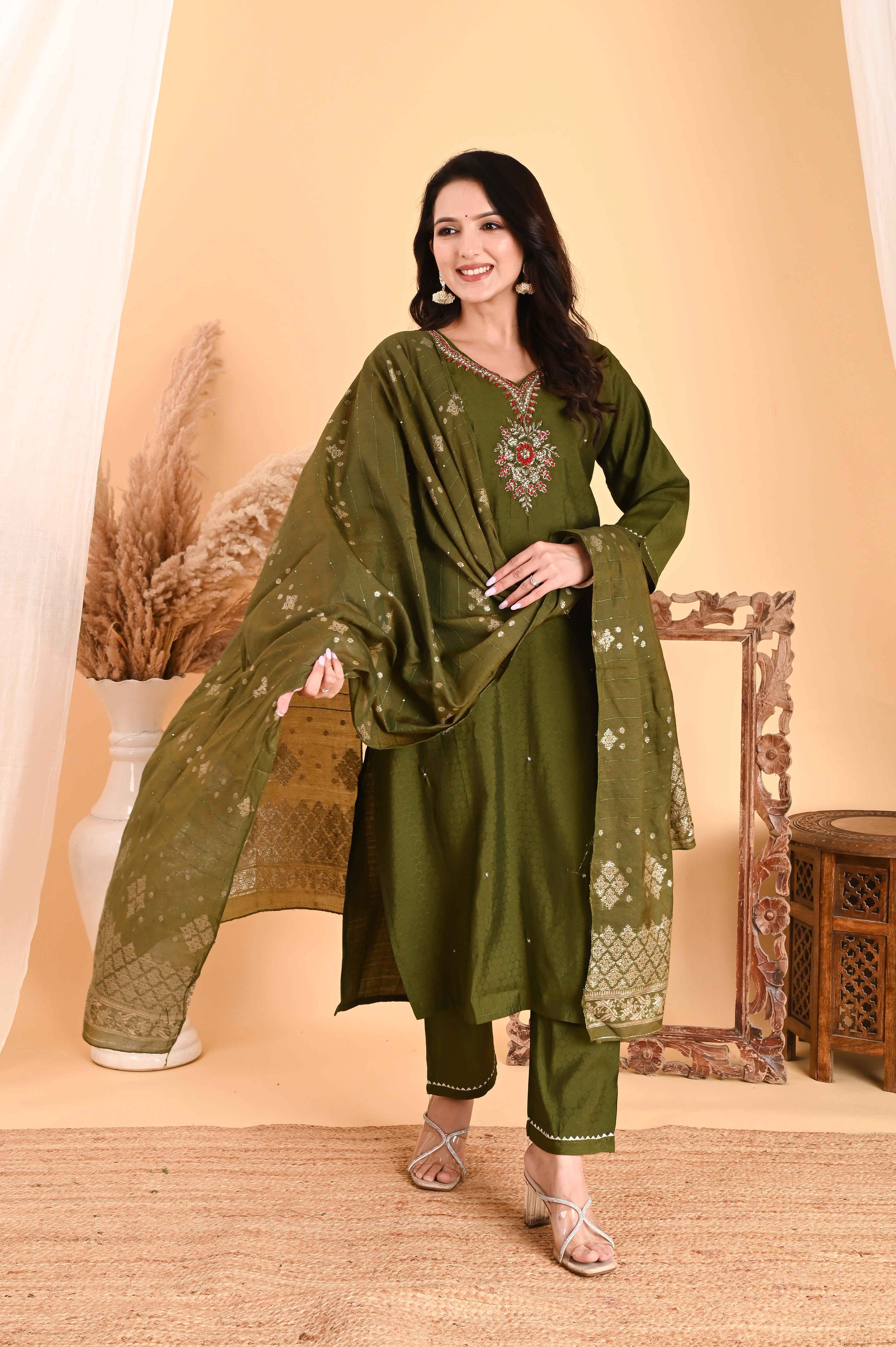 NR- 104/ Olive Green Floral Embroidered Kurta Set