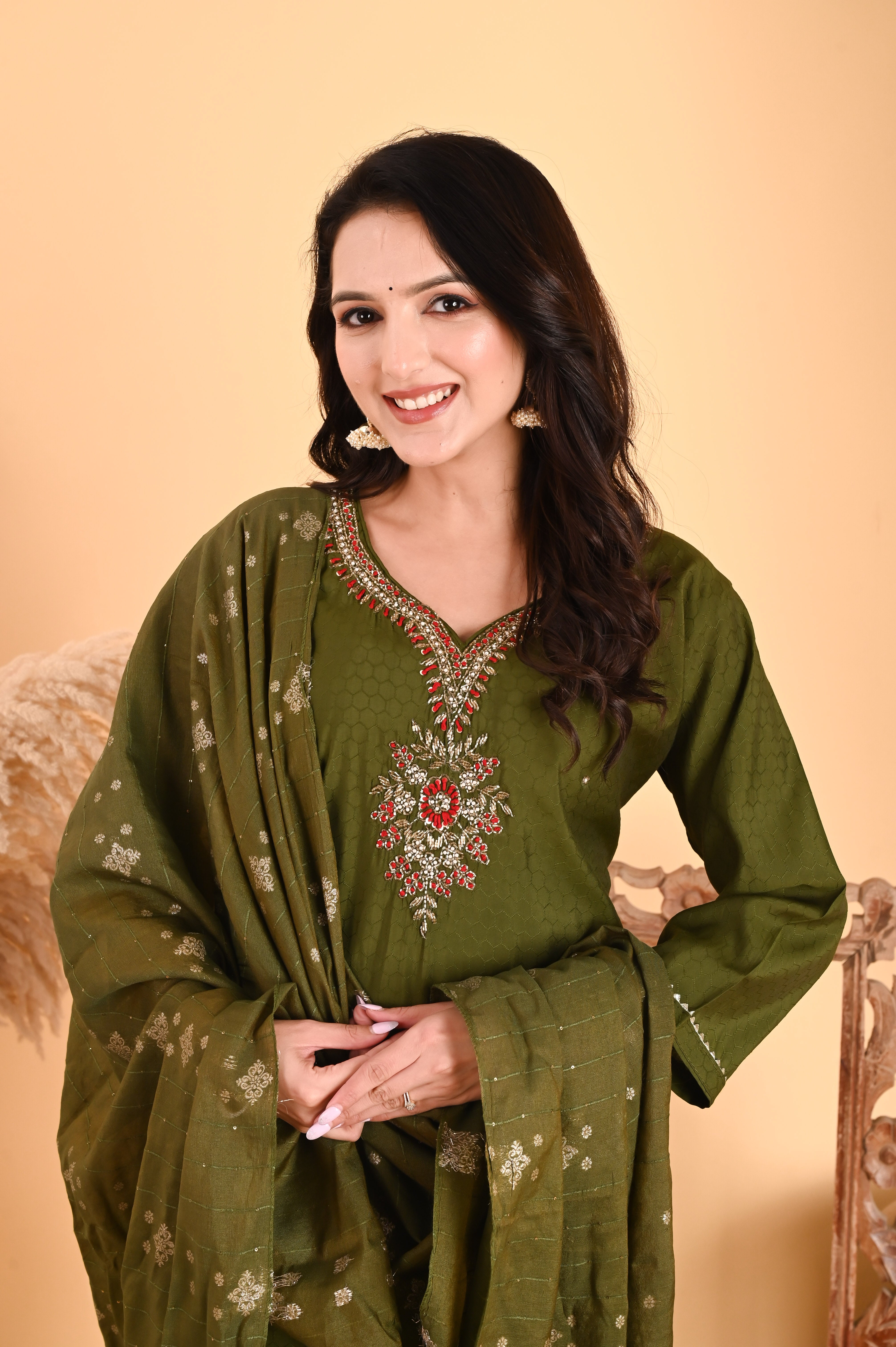NR- 104/ Olive Green Floral Embroidered Kurta Set