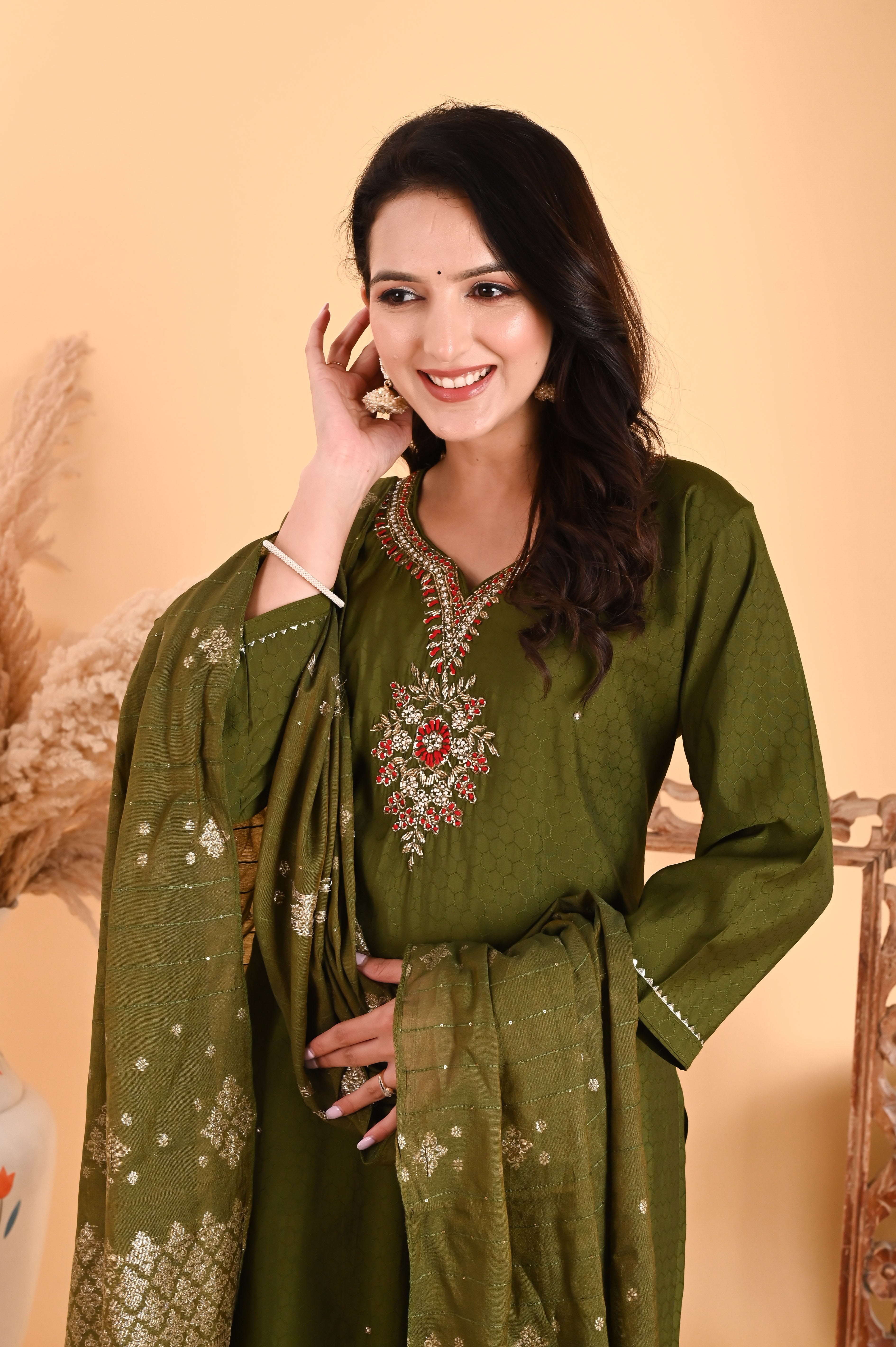 NR- 104/ Olive Green Floral Embroidered Kurta Set