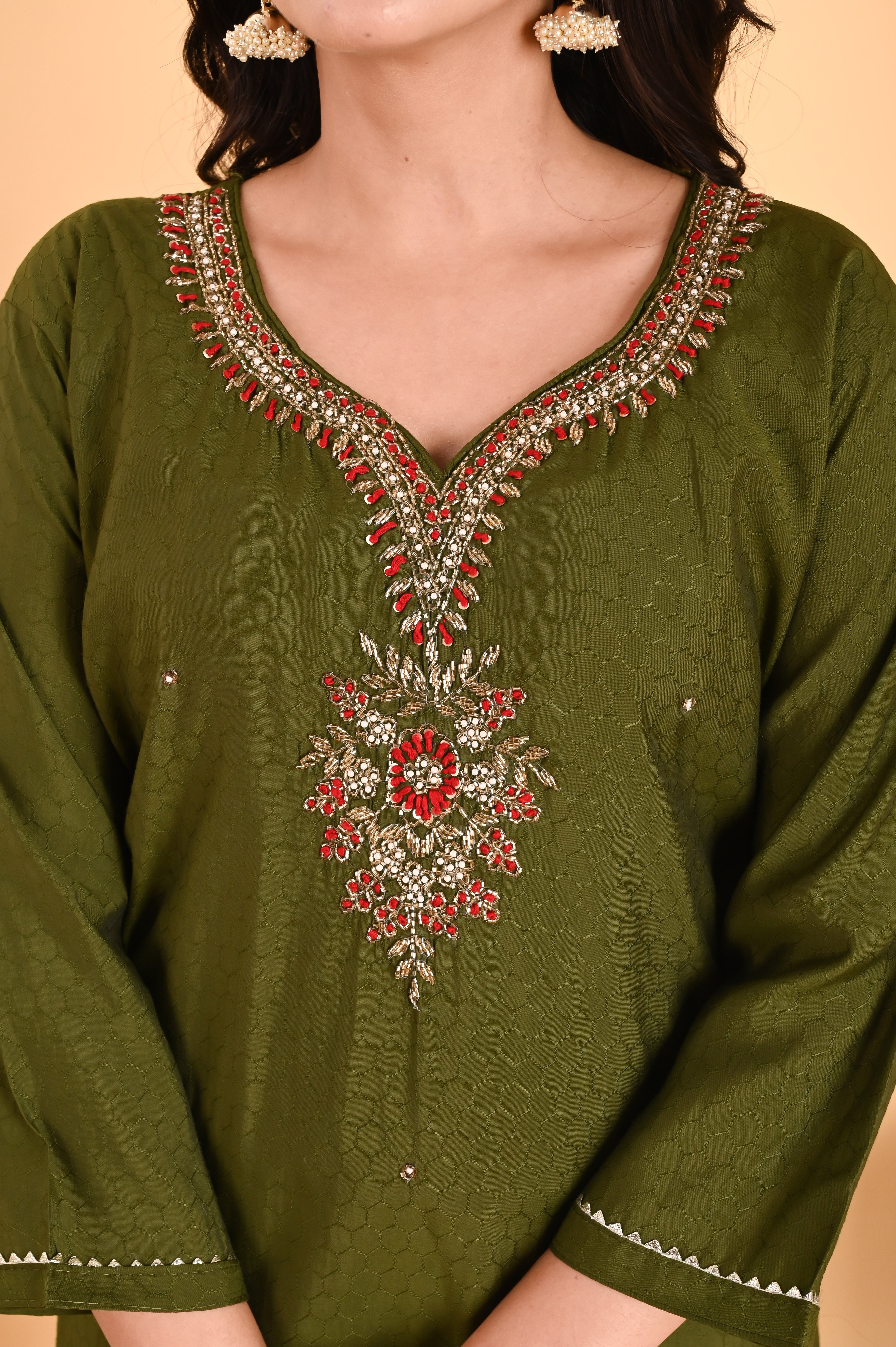 NR- 104/ Olive Green Floral Embroidered Kurta Set