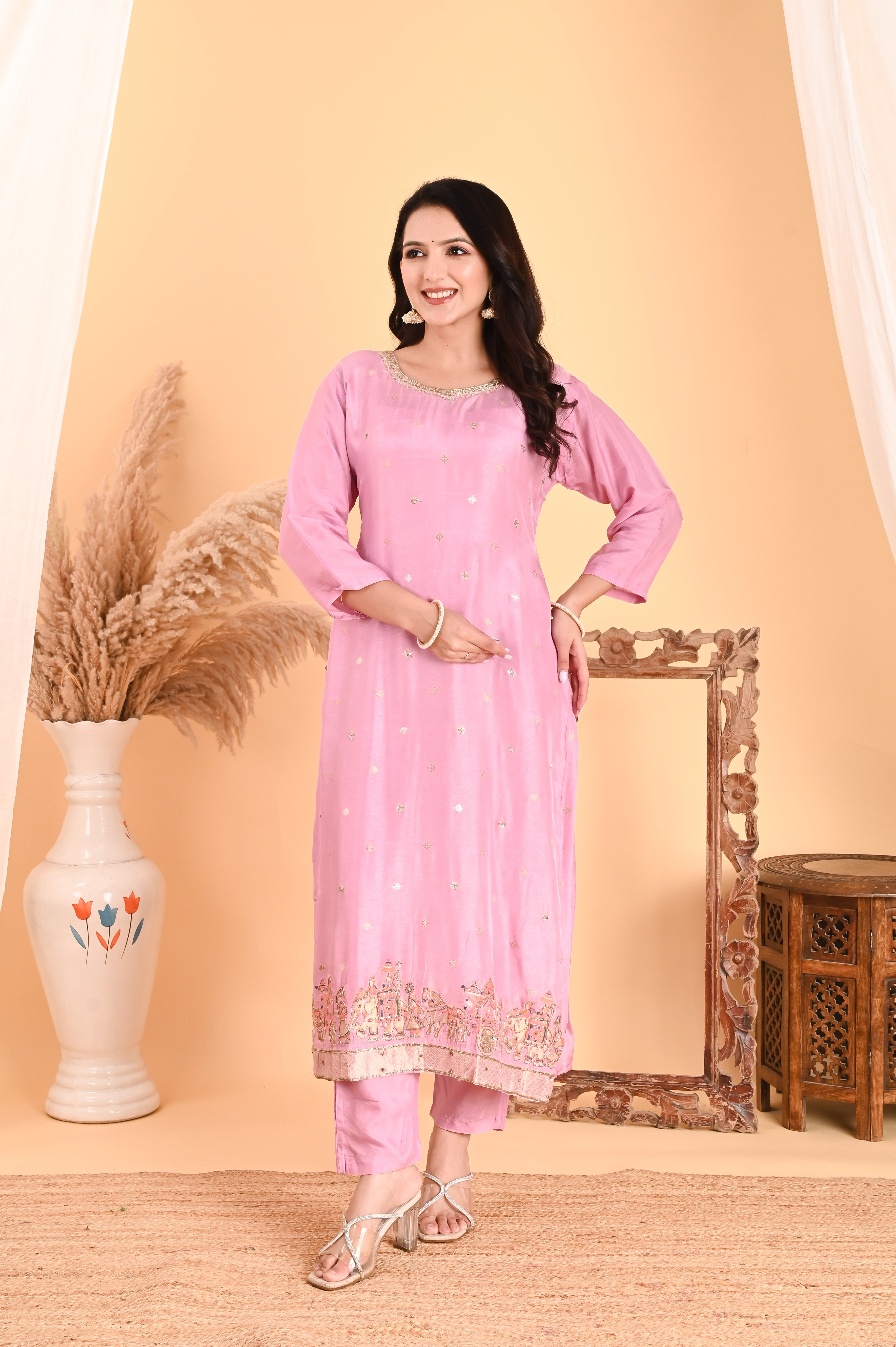 NR-109/ Blush Pink Sequin Embroidered Kurta Set set