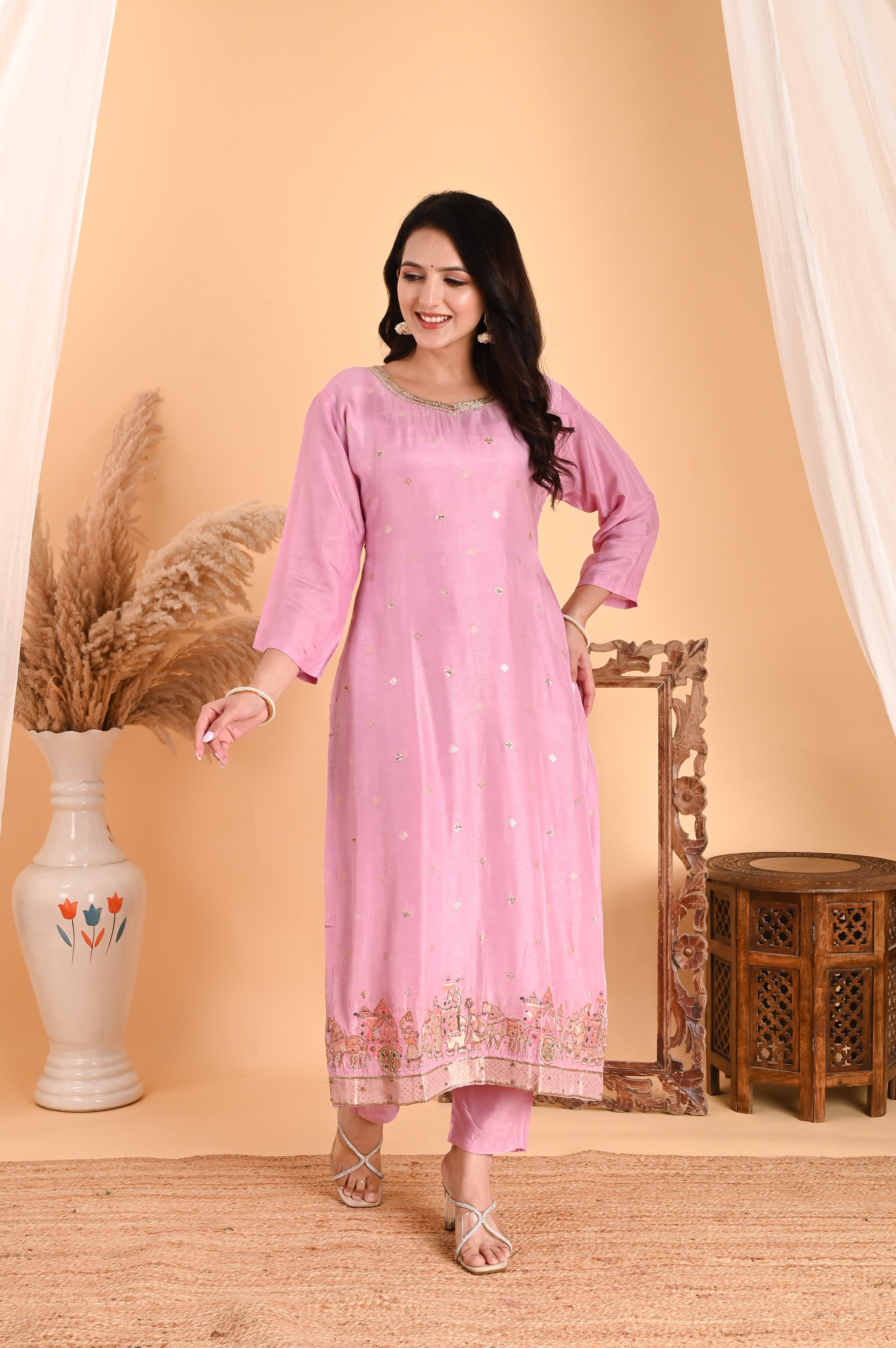 NR-109/ Blush Pink Sequin Embroidered Kurta Set set