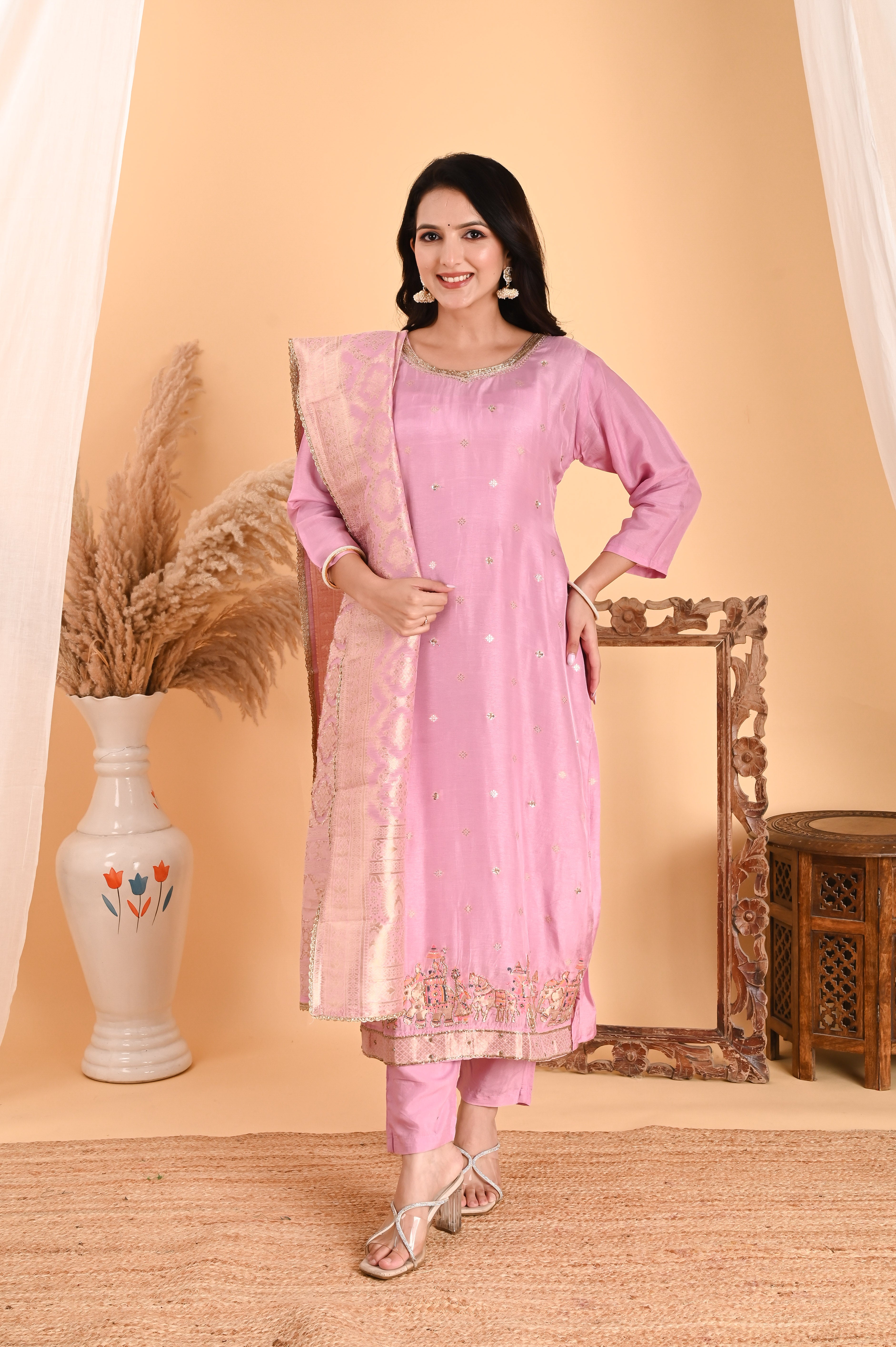 NR-109/ Blush Pink Sequin Embroidered Kurta Set set