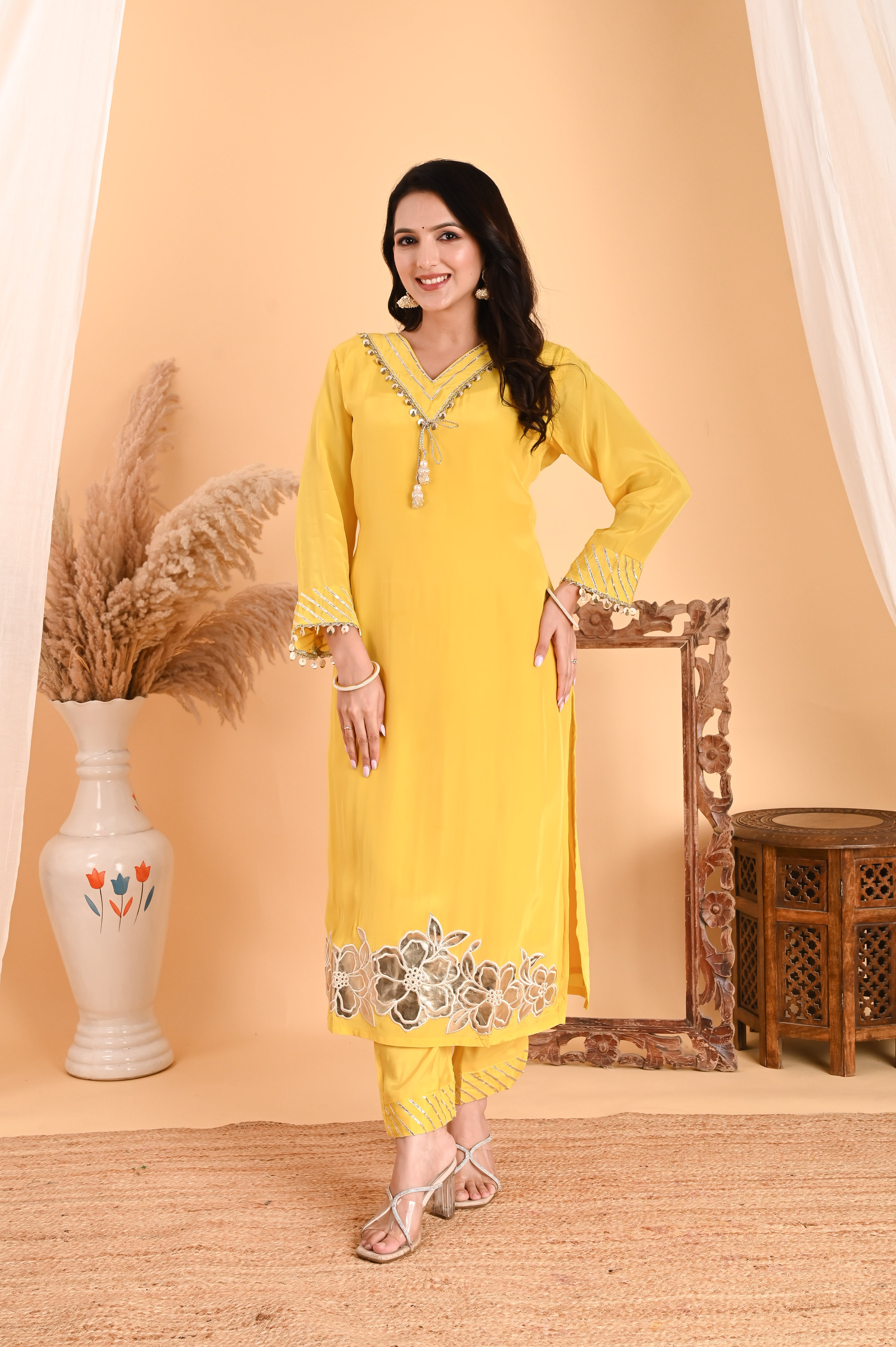 NR-111/ Lemon Yellow Sequin-Embellished Kurta Set with Dupatta