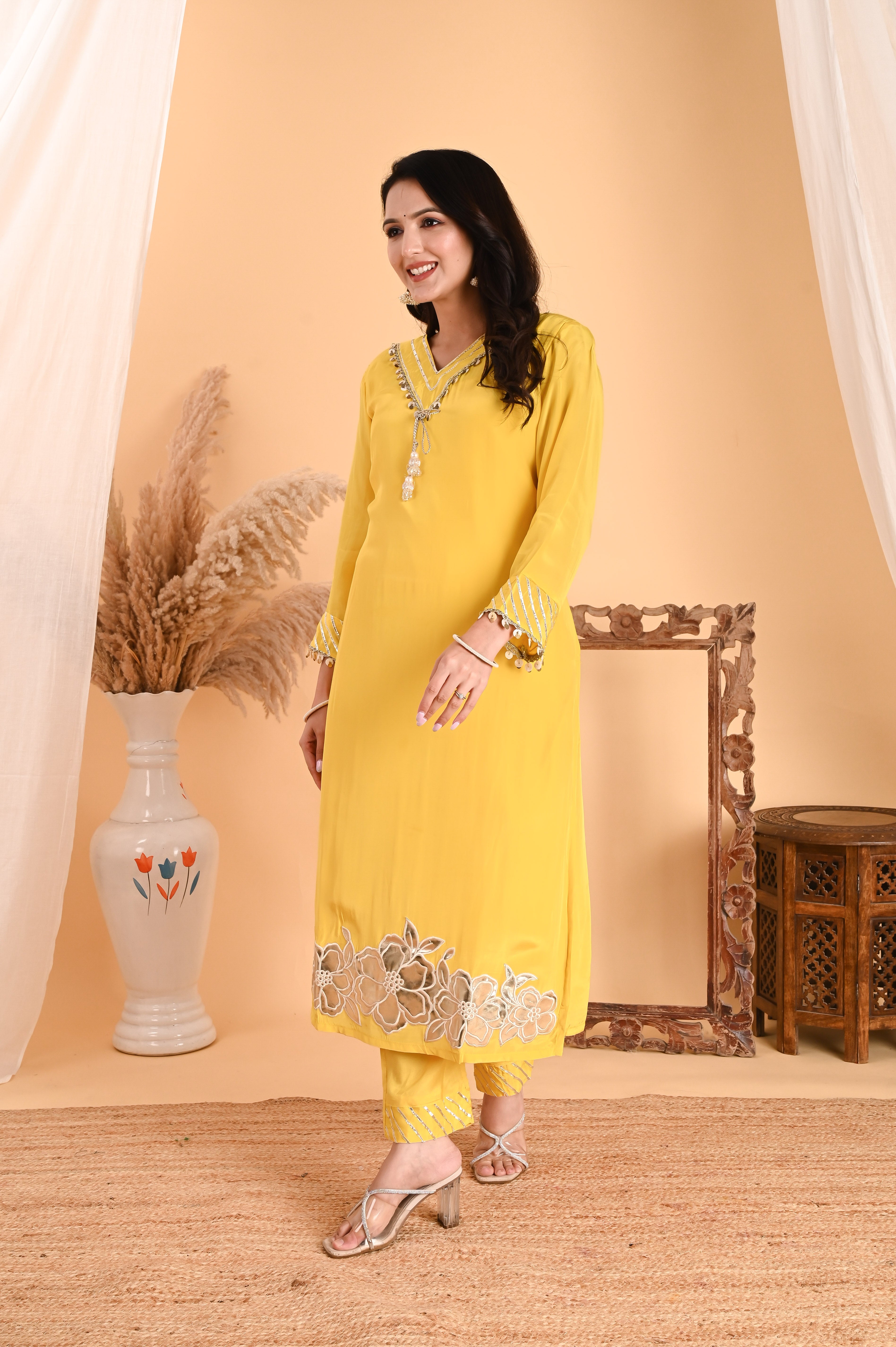 NR-111/ Lemon Yellow Sequin-Embellished Kurta Set with Dupatta