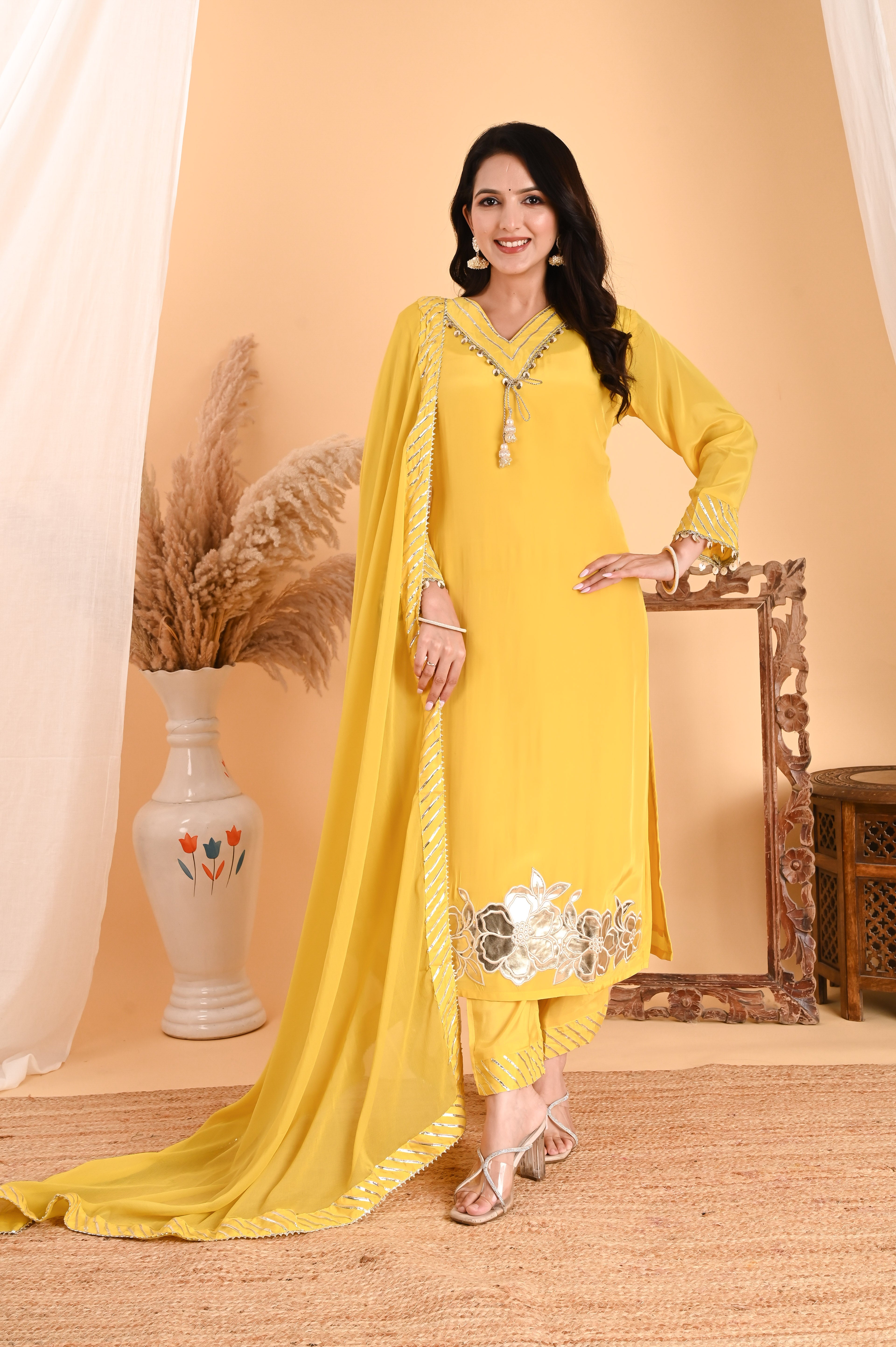 NR-111/ Lemon Yellow Sequin-Embellished Kurta Set with Dupatta
