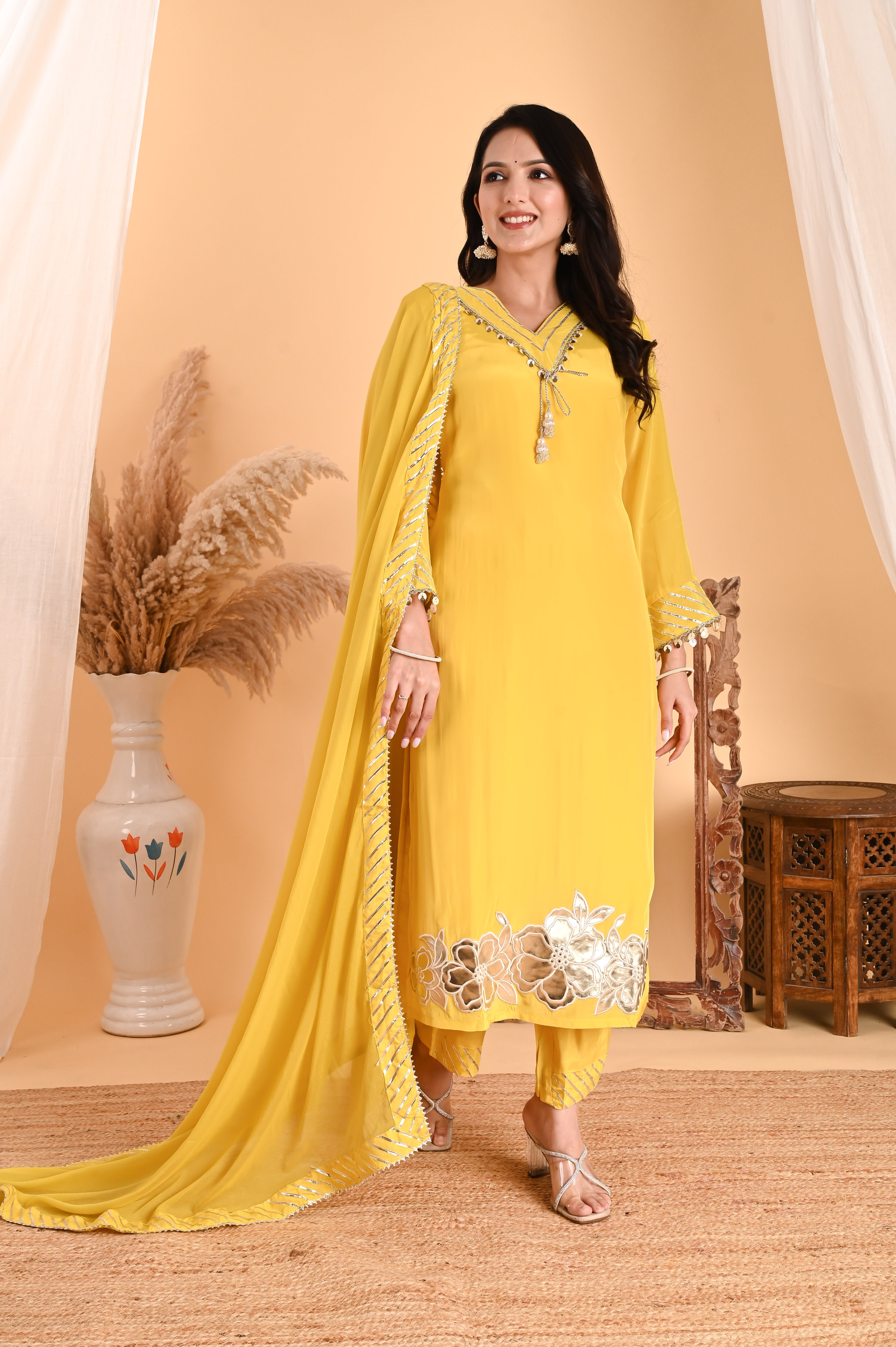 NR-111/ Lemon Yellow Sequin-Embellished Kurta Set with Dupatta