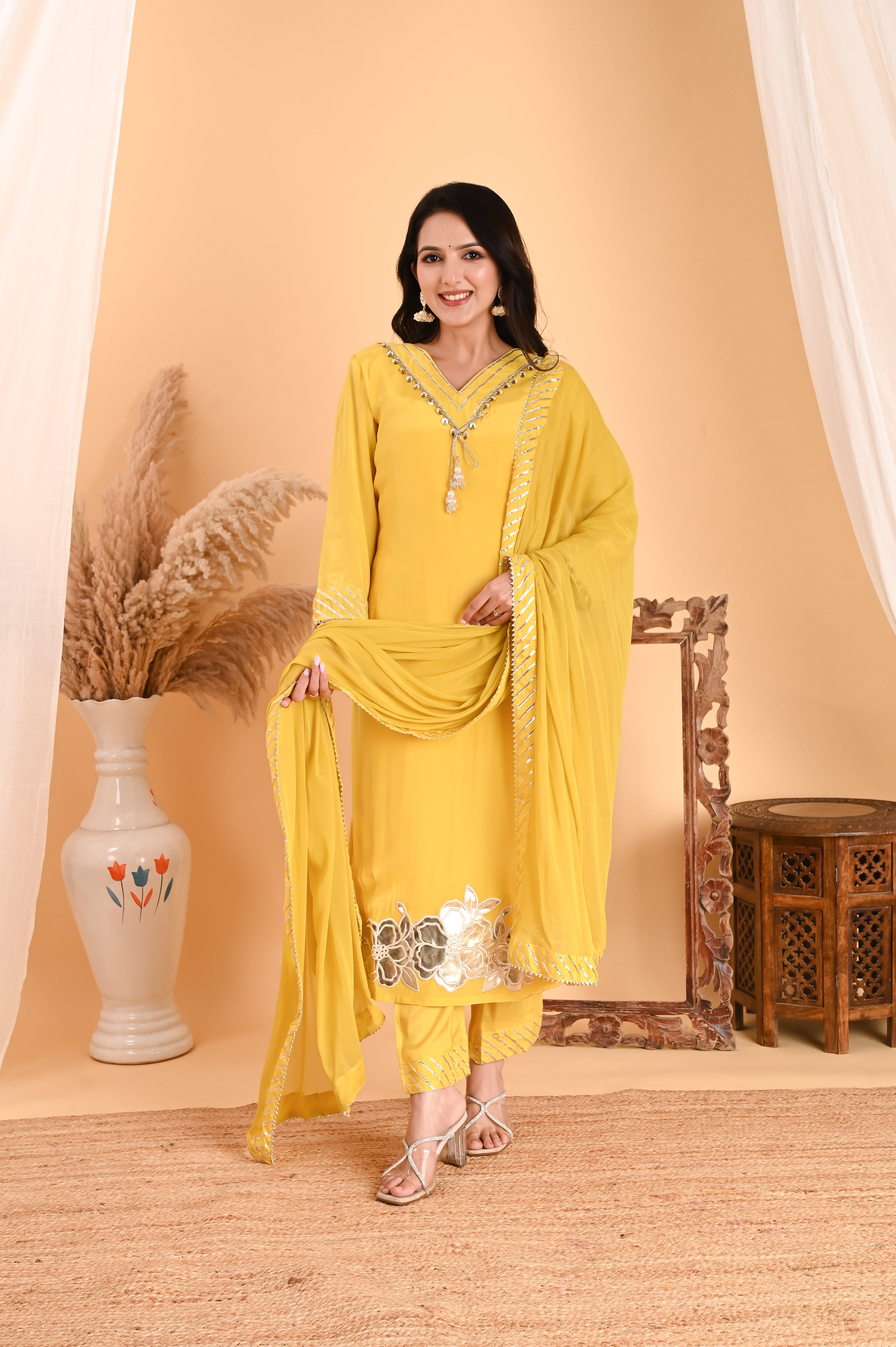 NR-111/ Lemon Yellow Sequin-Embellished Kurta Set with Dupatta