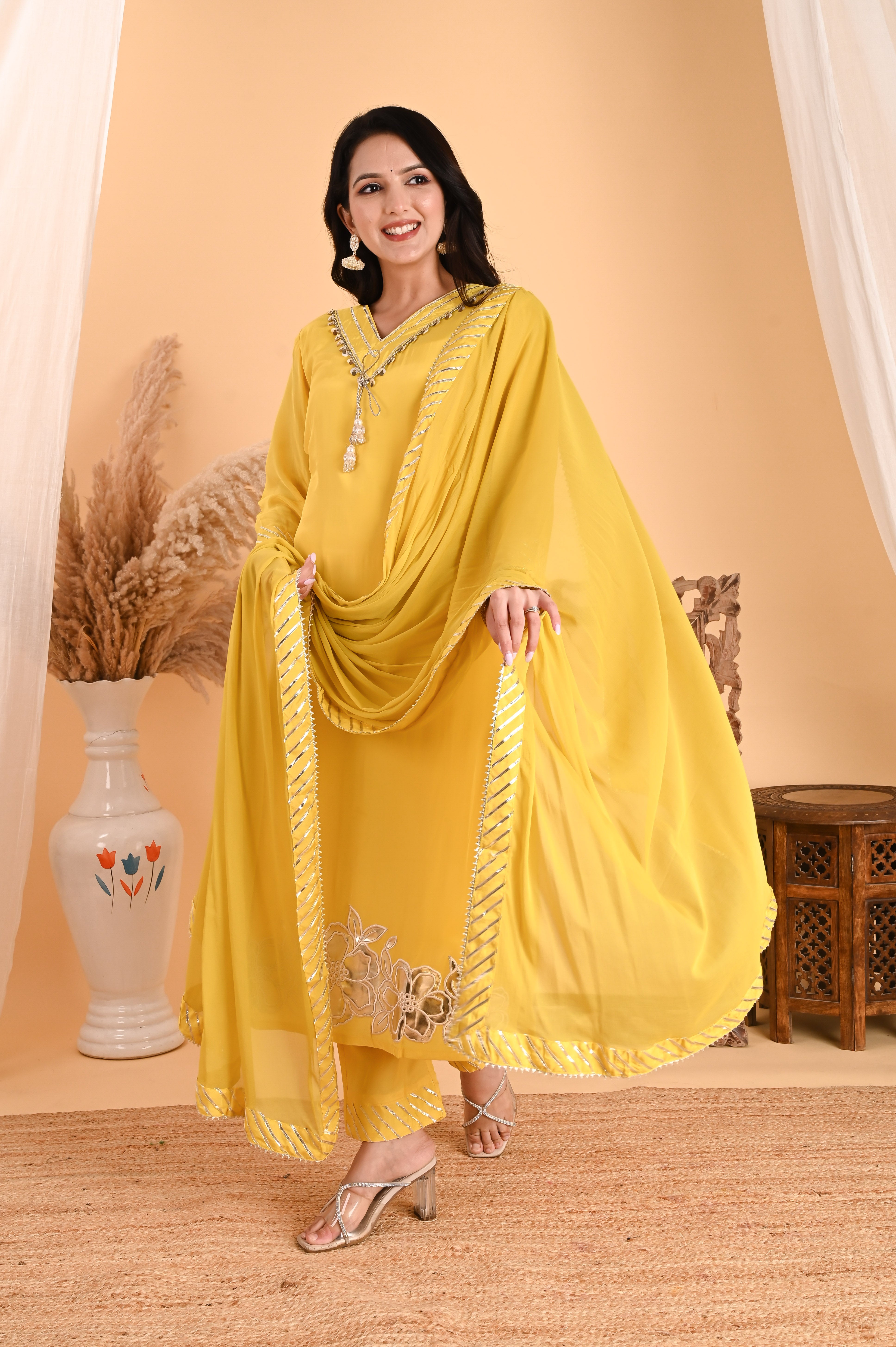 NR-111/ Lemon Yellow Sequin-Embellished Kurta Set with Dupatta
