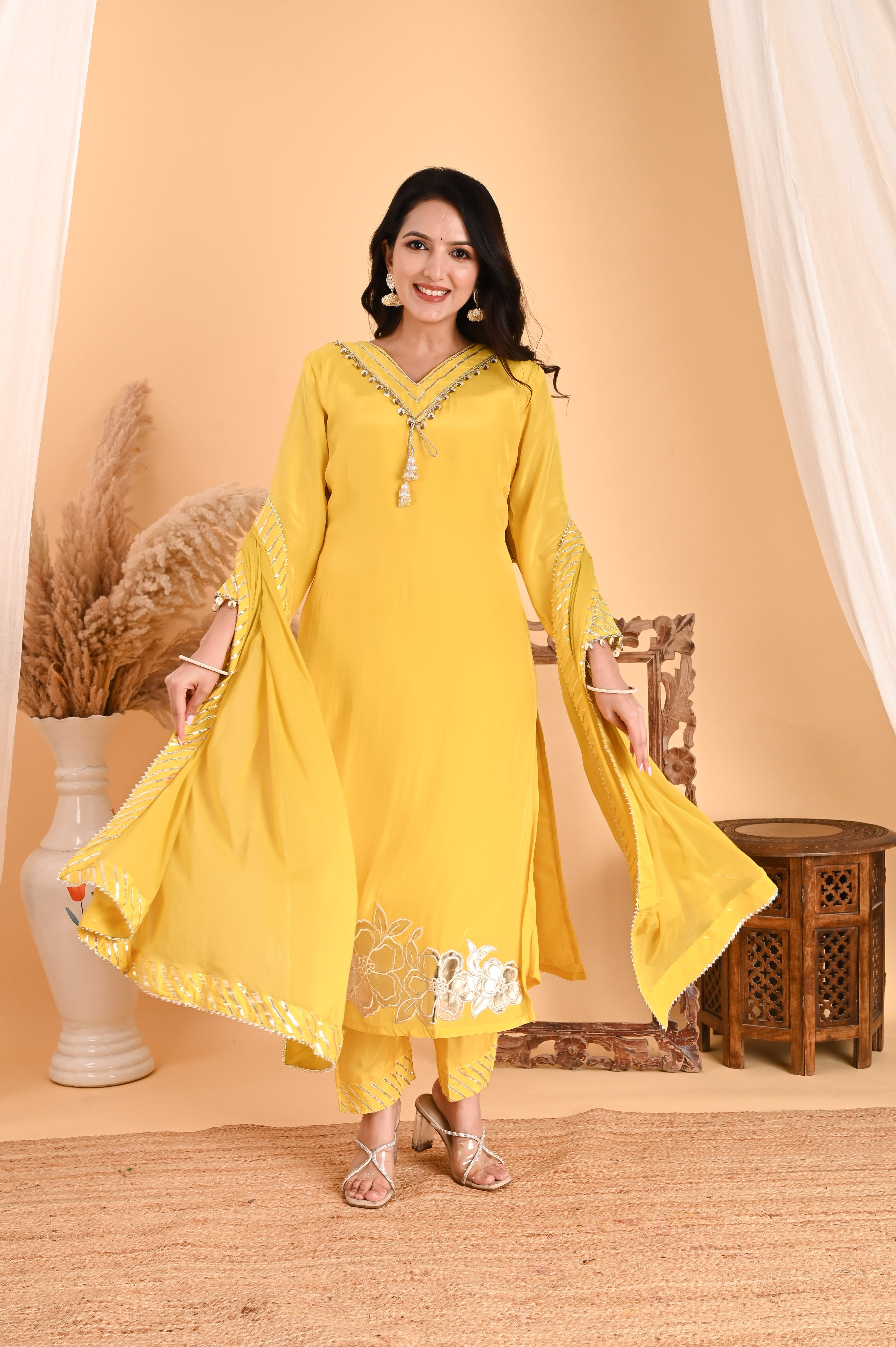 NR-111/ Lemon Yellow Sequin-Embellished Kurta Set with Dupatta