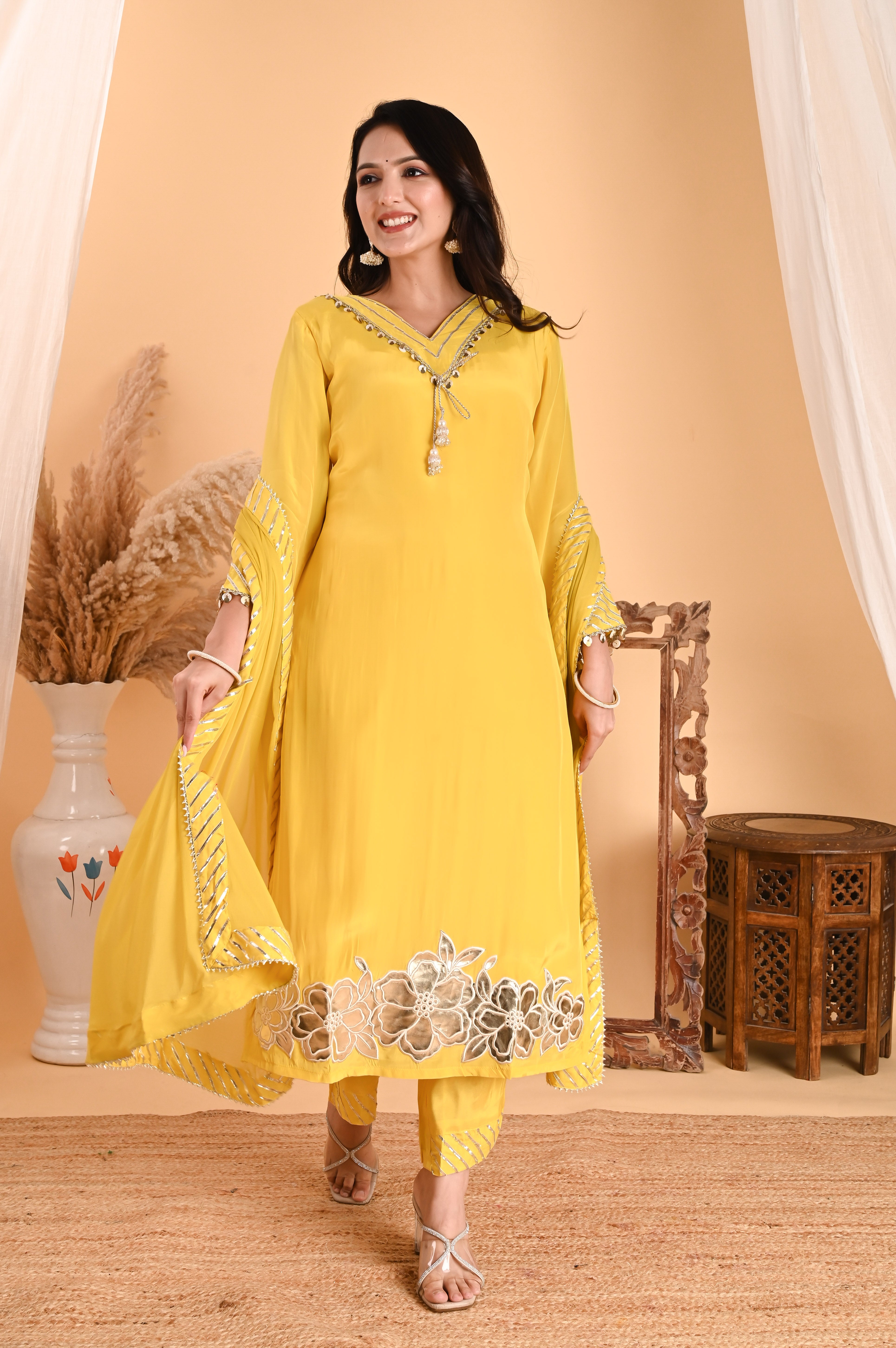 NR-111/ Lemon Yellow Sequin-Embellished Kurta Set with Dupatta