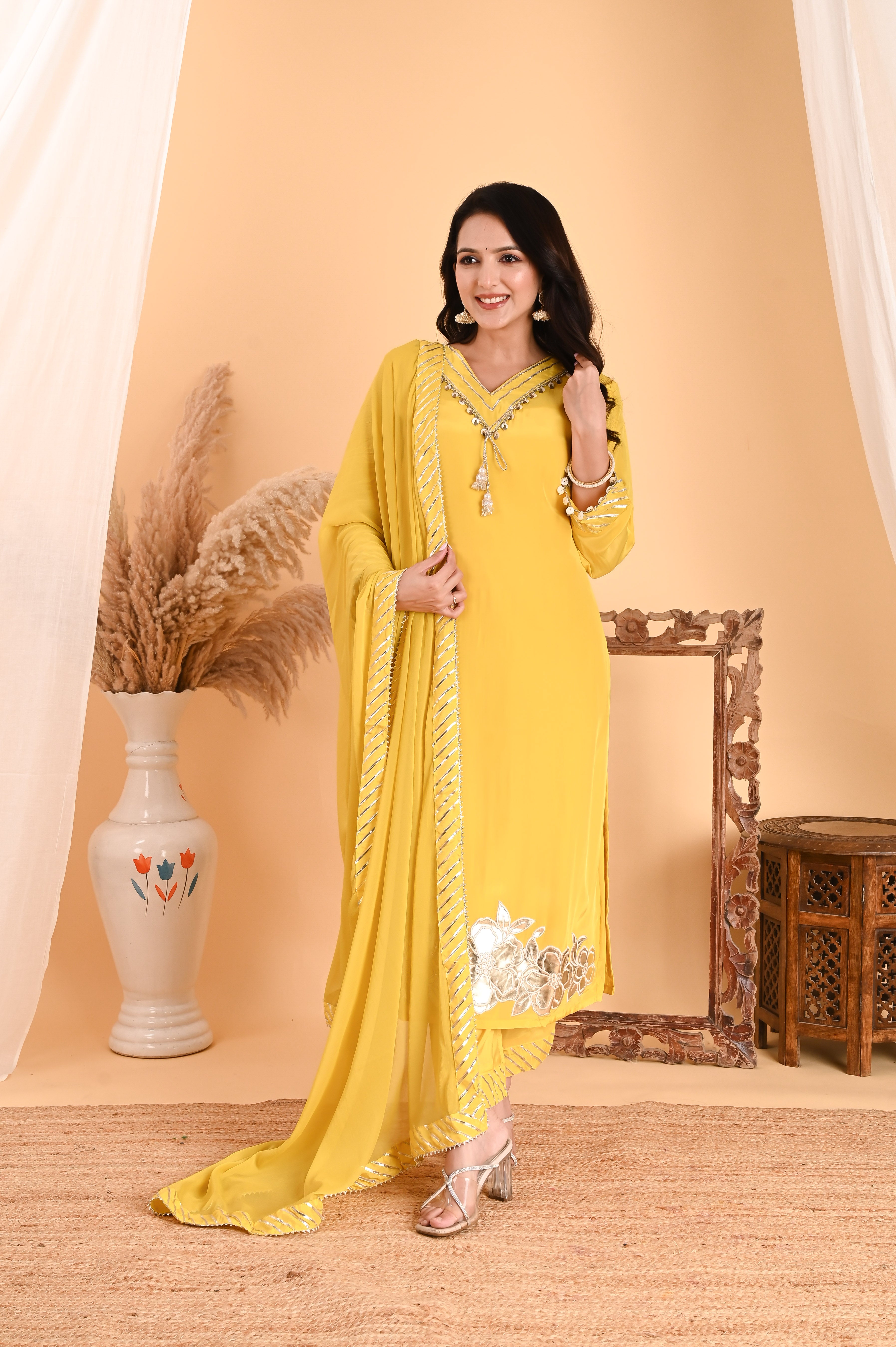 NR-111/ Lemon Yellow Sequin-Embellished Kurta Set with Dupatta