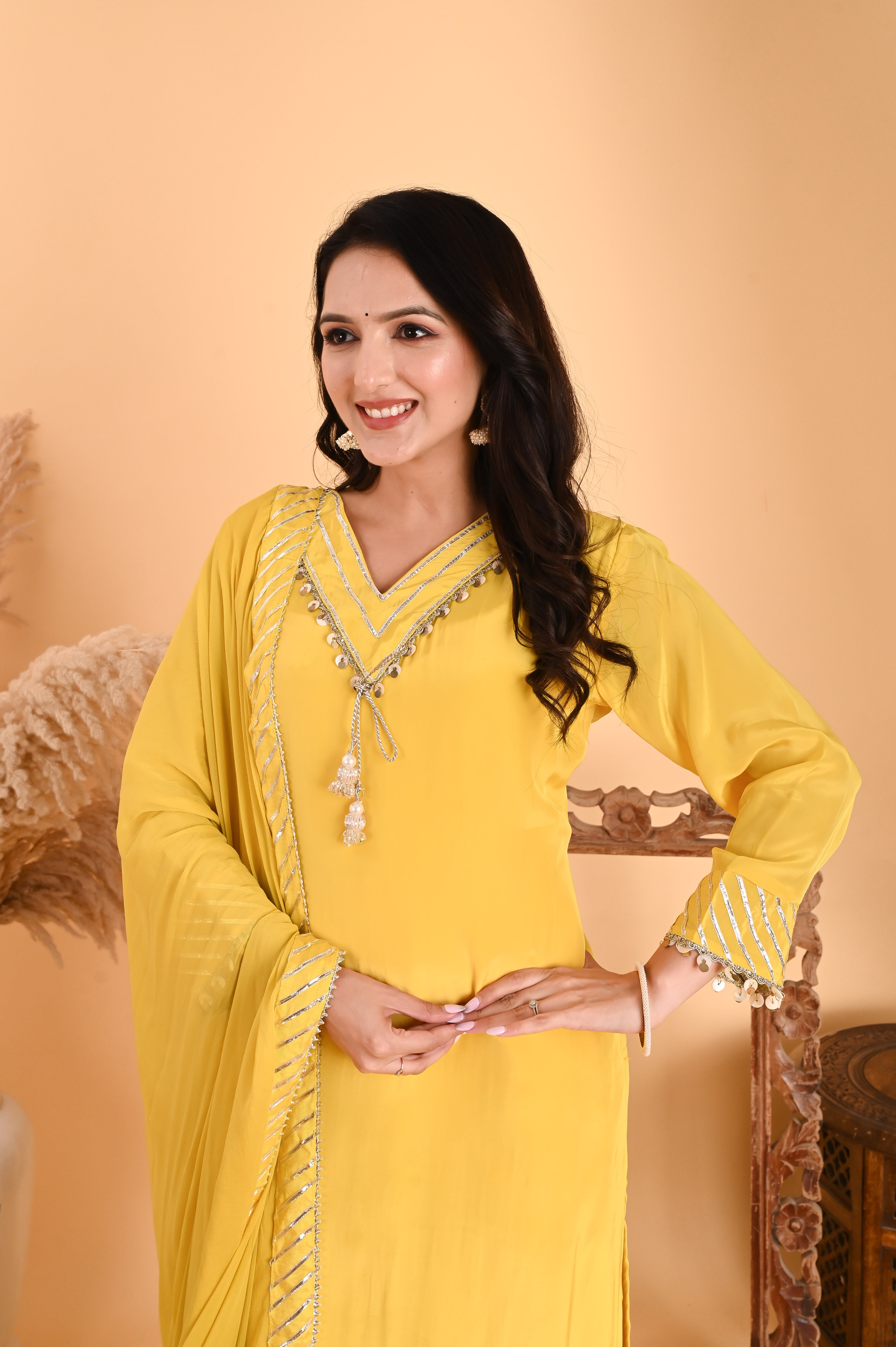 NR-111/ Lemon Yellow Sequin-Embellished Kurta Set with Dupatta