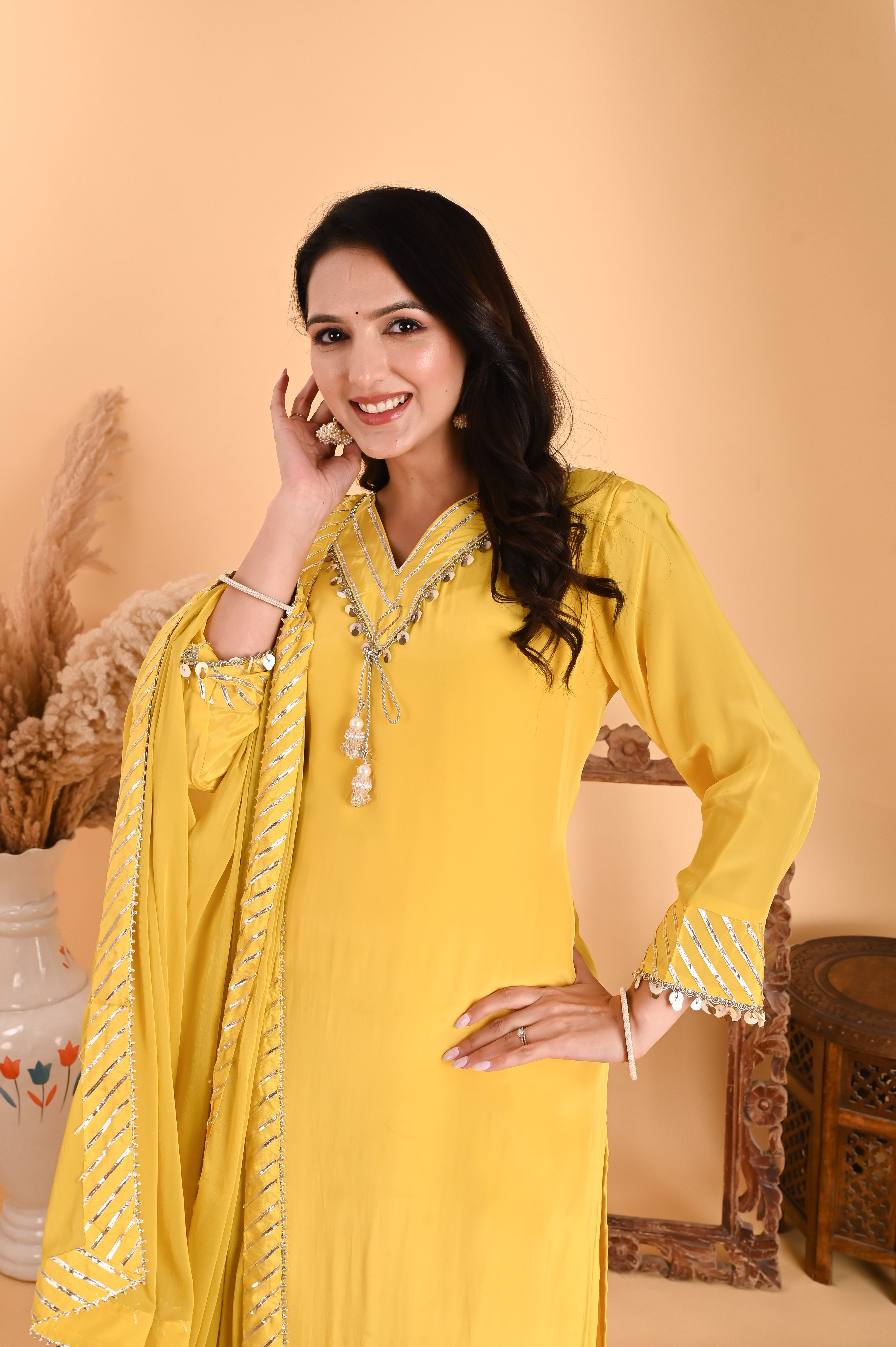 NR-111/ Lemon Yellow Sequin-Embellished Kurta Set with Dupatta