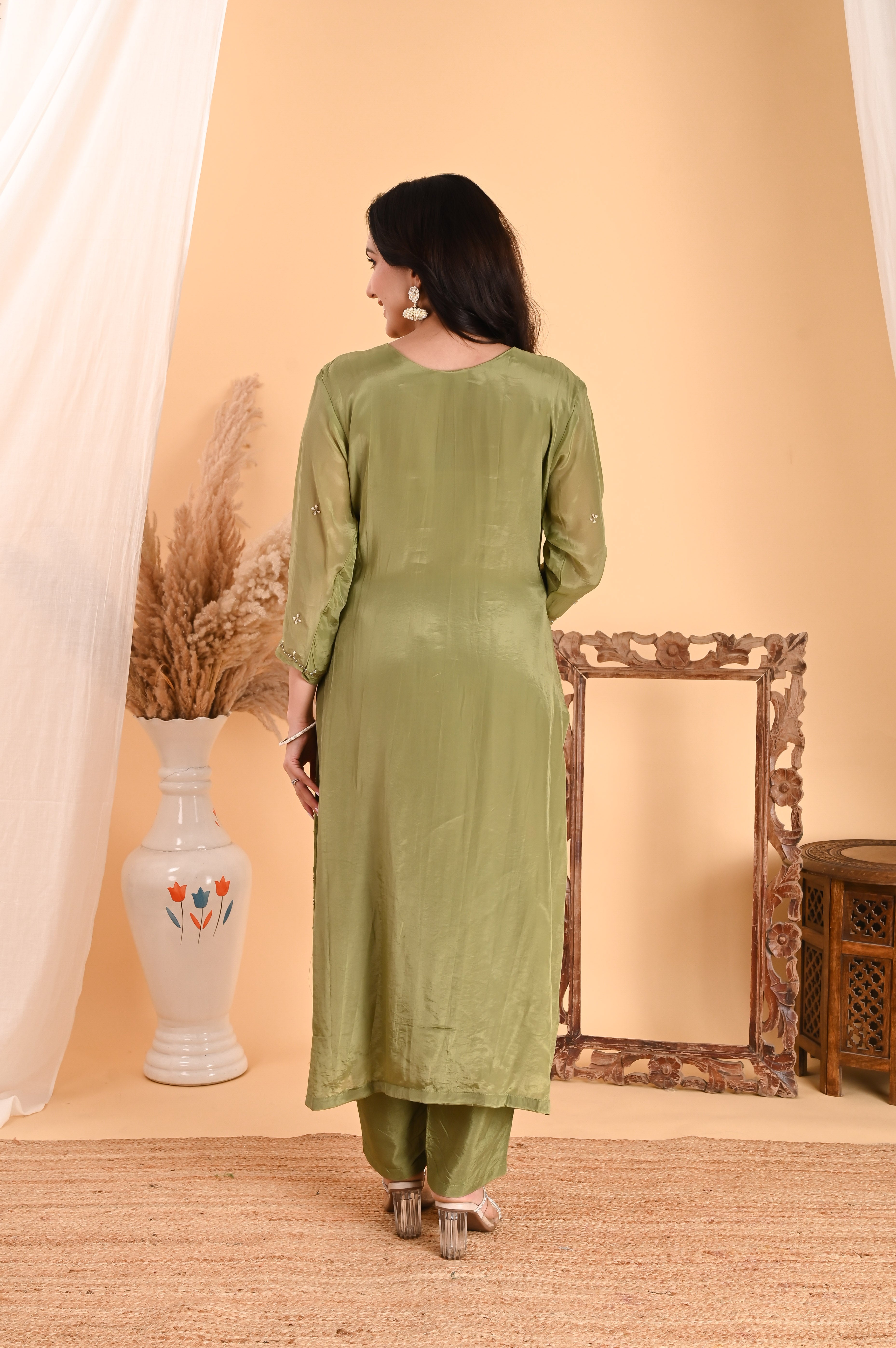 NR-114/ Olive Green Sequin Embroidered Kurta Set with Organza Dupatta