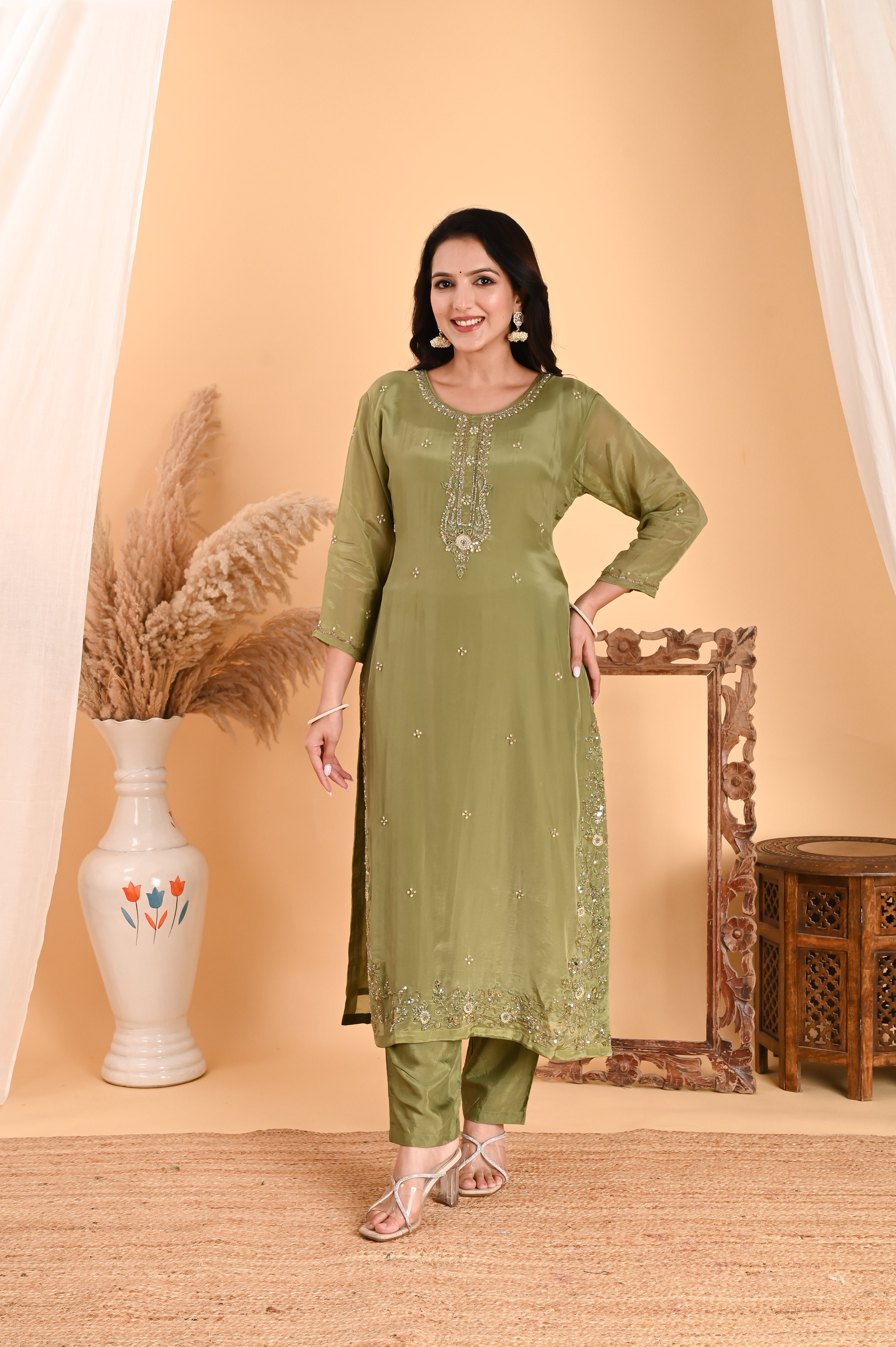 NR-114/ Olive Green Sequin Embroidered Kurta Set with Organza Dupatta