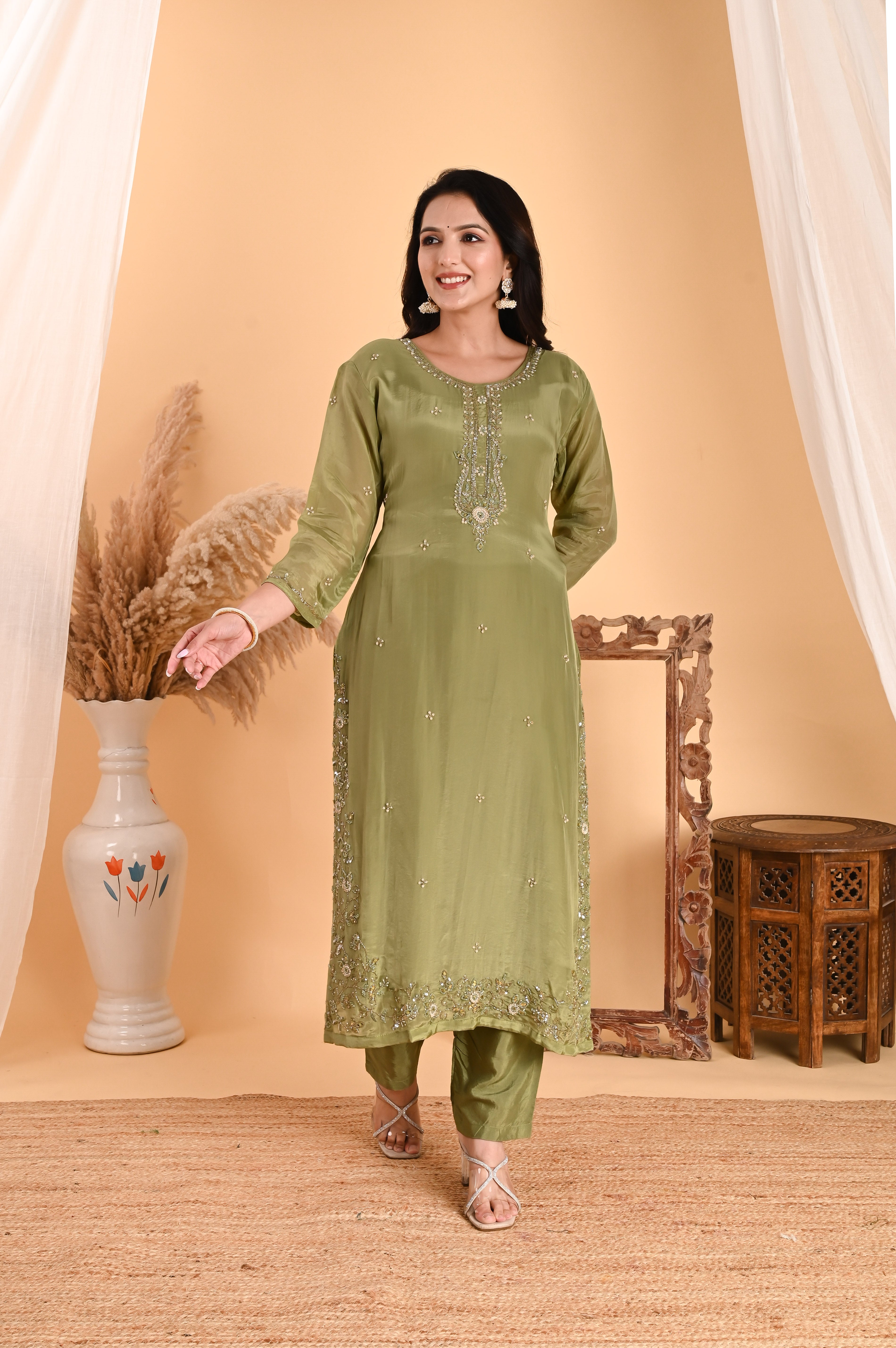 NR-114/ Olive Green Sequin Embroidered Kurta Set with Organza Dupatta