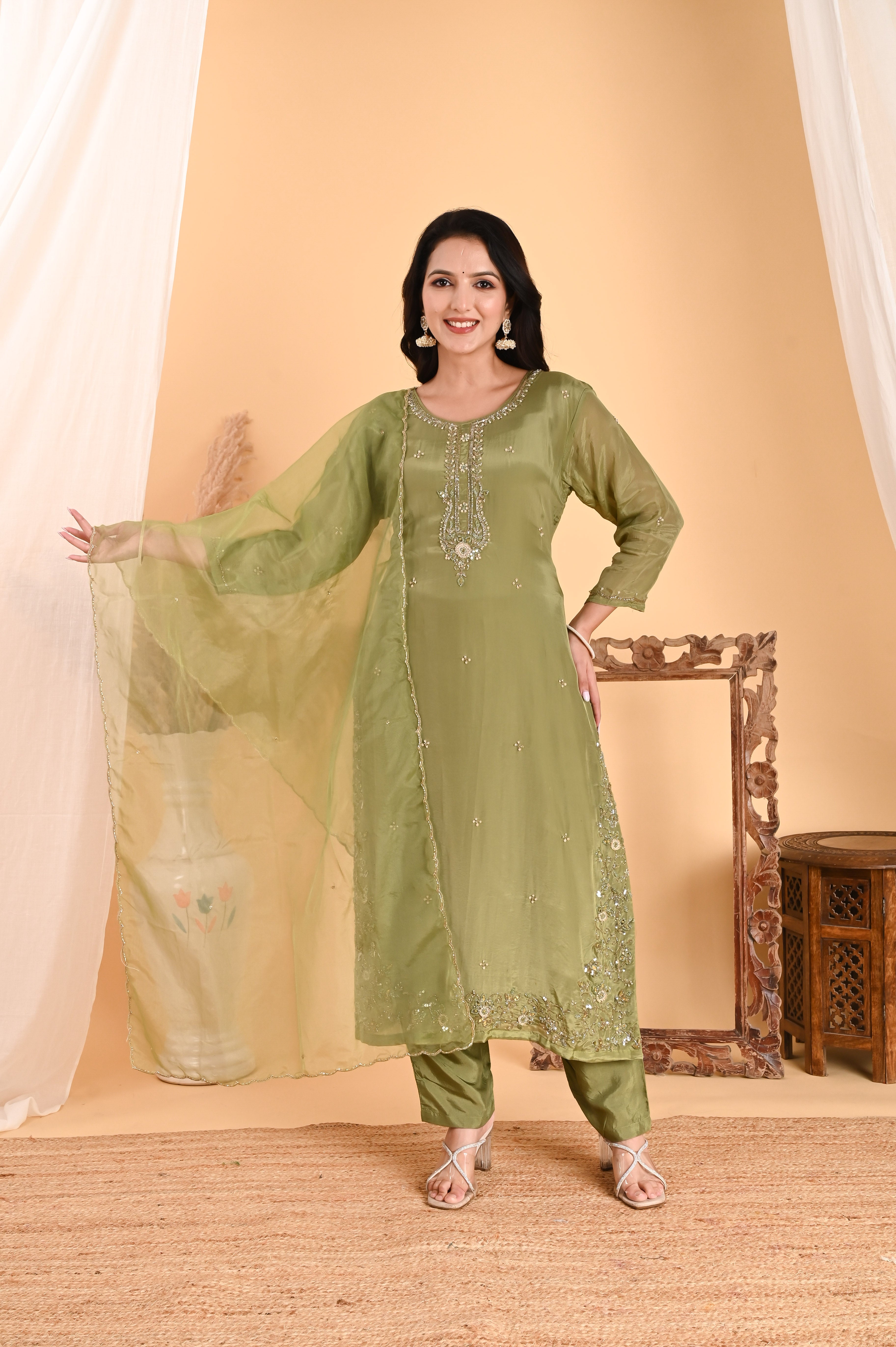 NR-114/ Olive Green Sequin Embroidered Kurta Set with Organza Dupatta