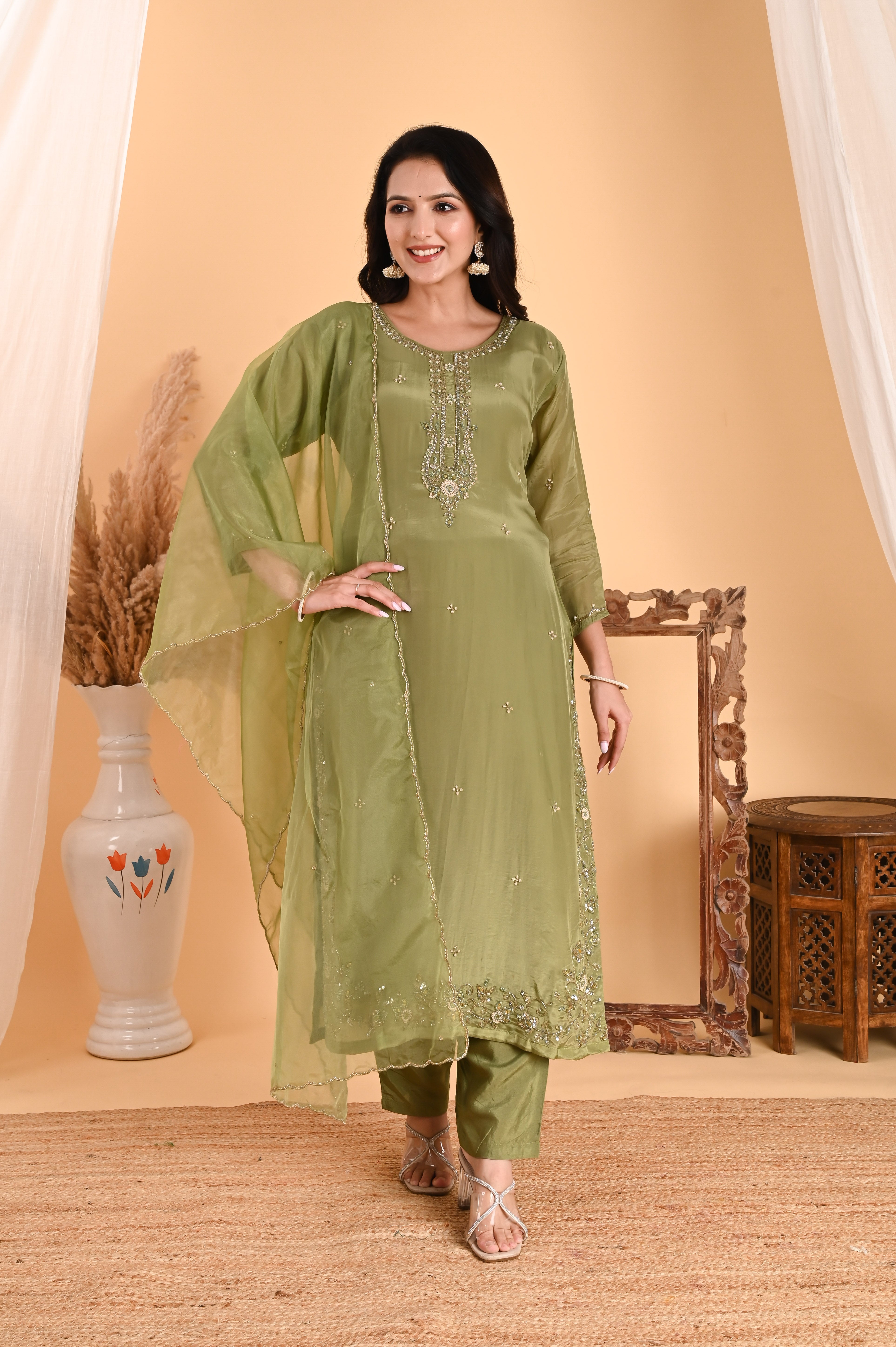 NR-114/ Olive Green Sequin Embroidered Kurta Set with Organza Dupatta