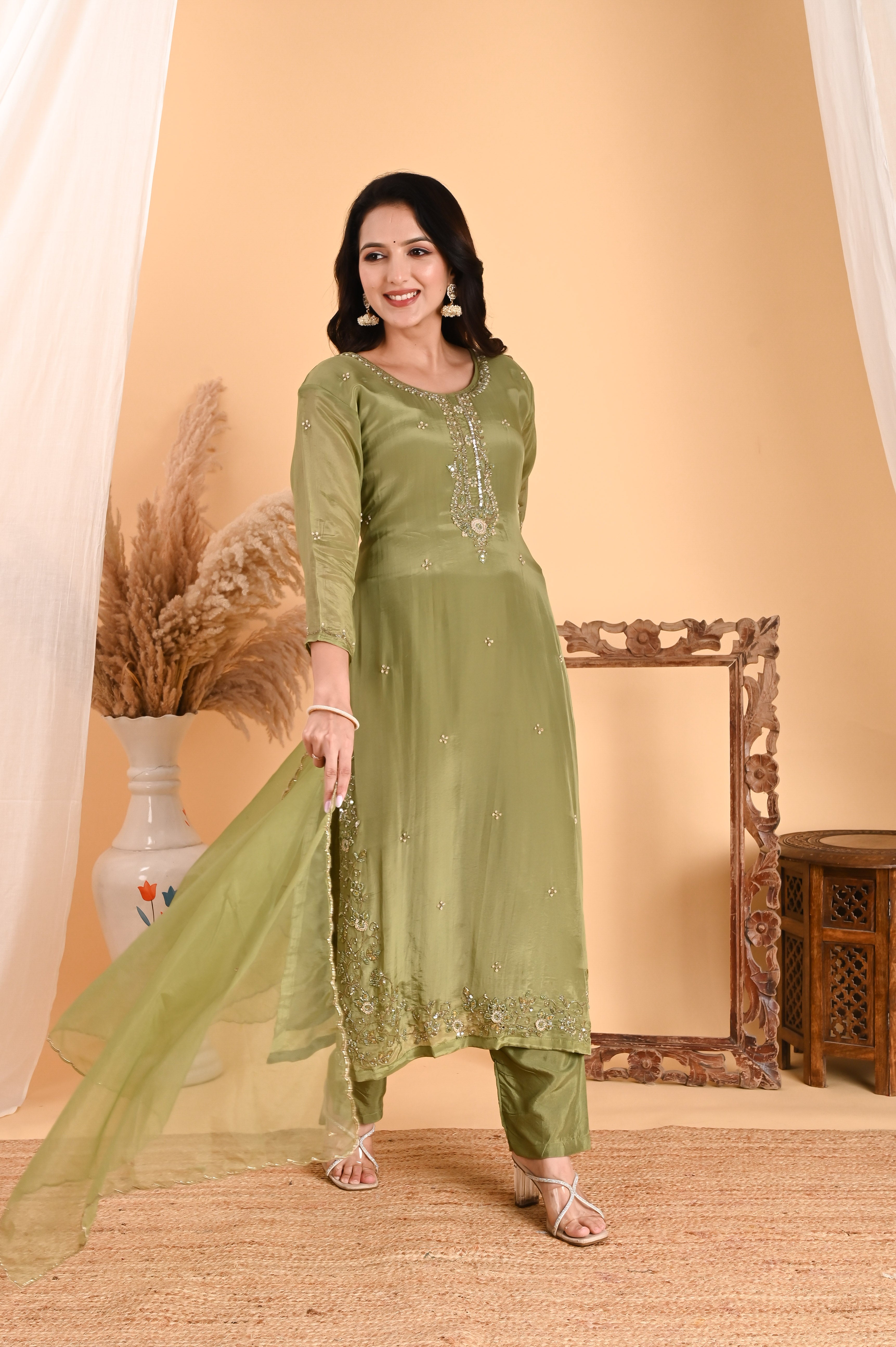 NR-114/ Olive Green Sequin Embroidered Kurta Set with Organza Dupatta