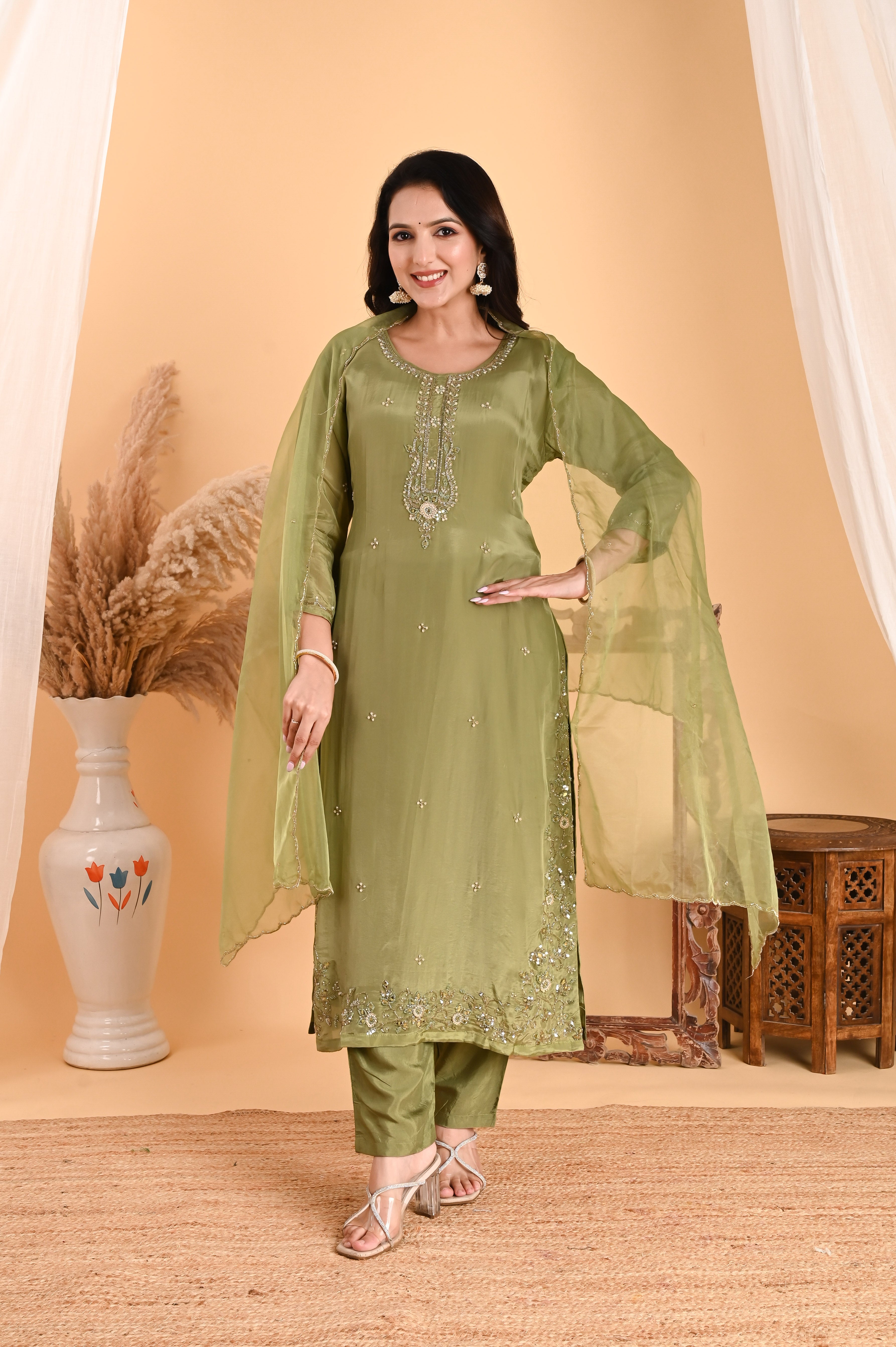 NR-114/ Olive Green Sequin Embroidered Kurta Set with Organza Dupatta