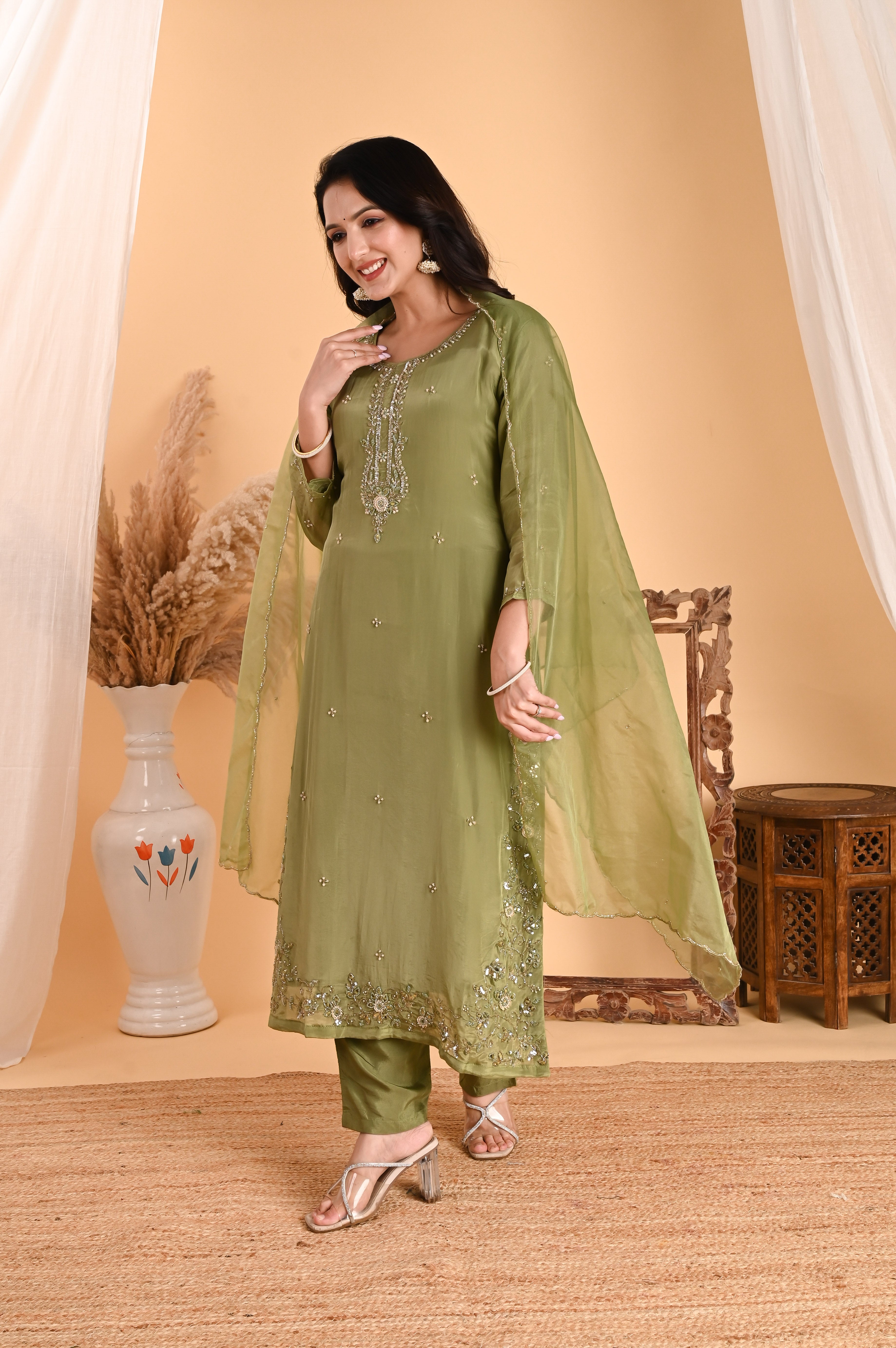NR-114/ Olive Green Sequin Embroidered Kurta Set with Organza Dupatta