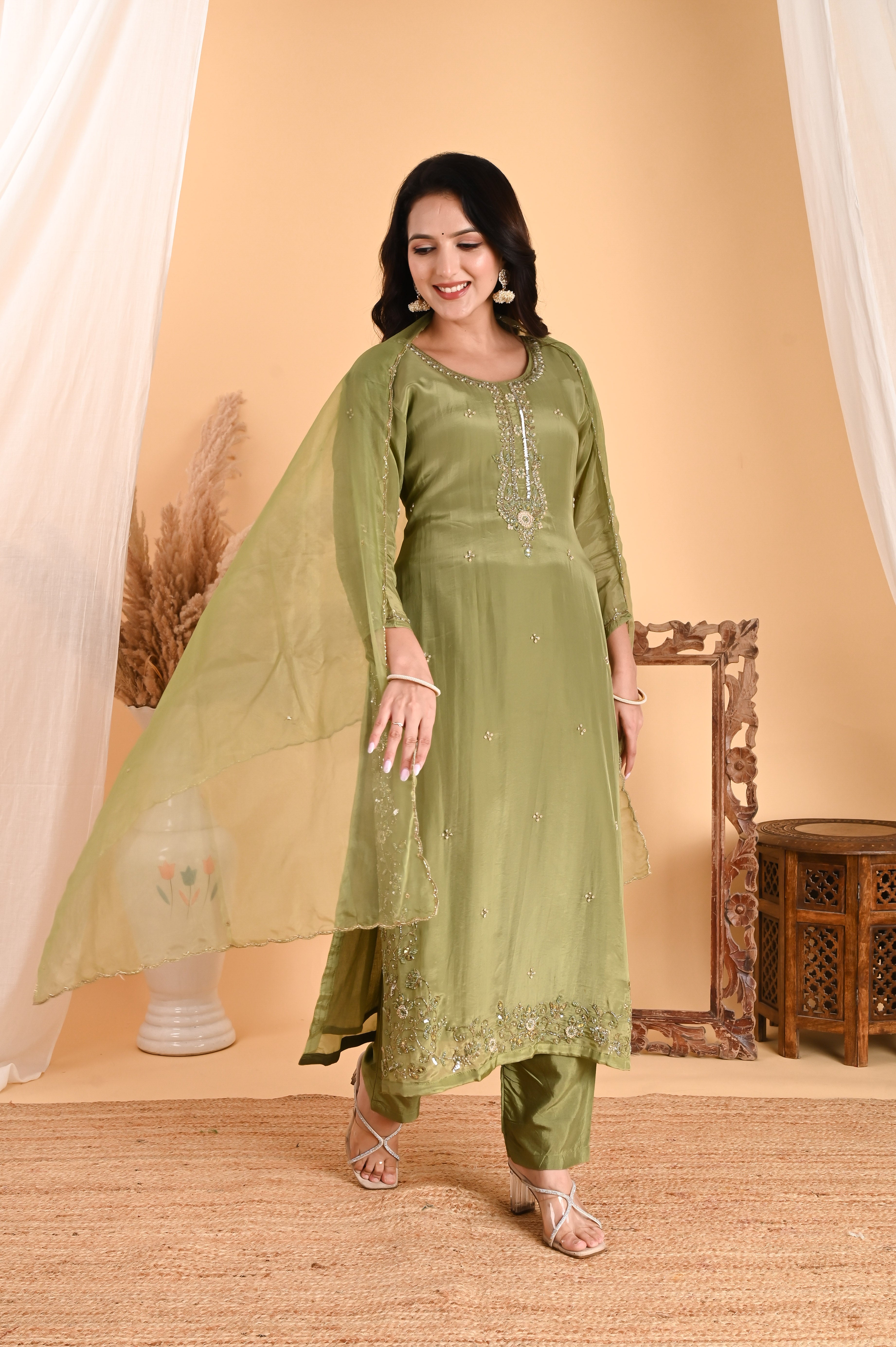 NR-114/ Olive Green Sequin Embroidered Kurta Set with Organza Dupatta