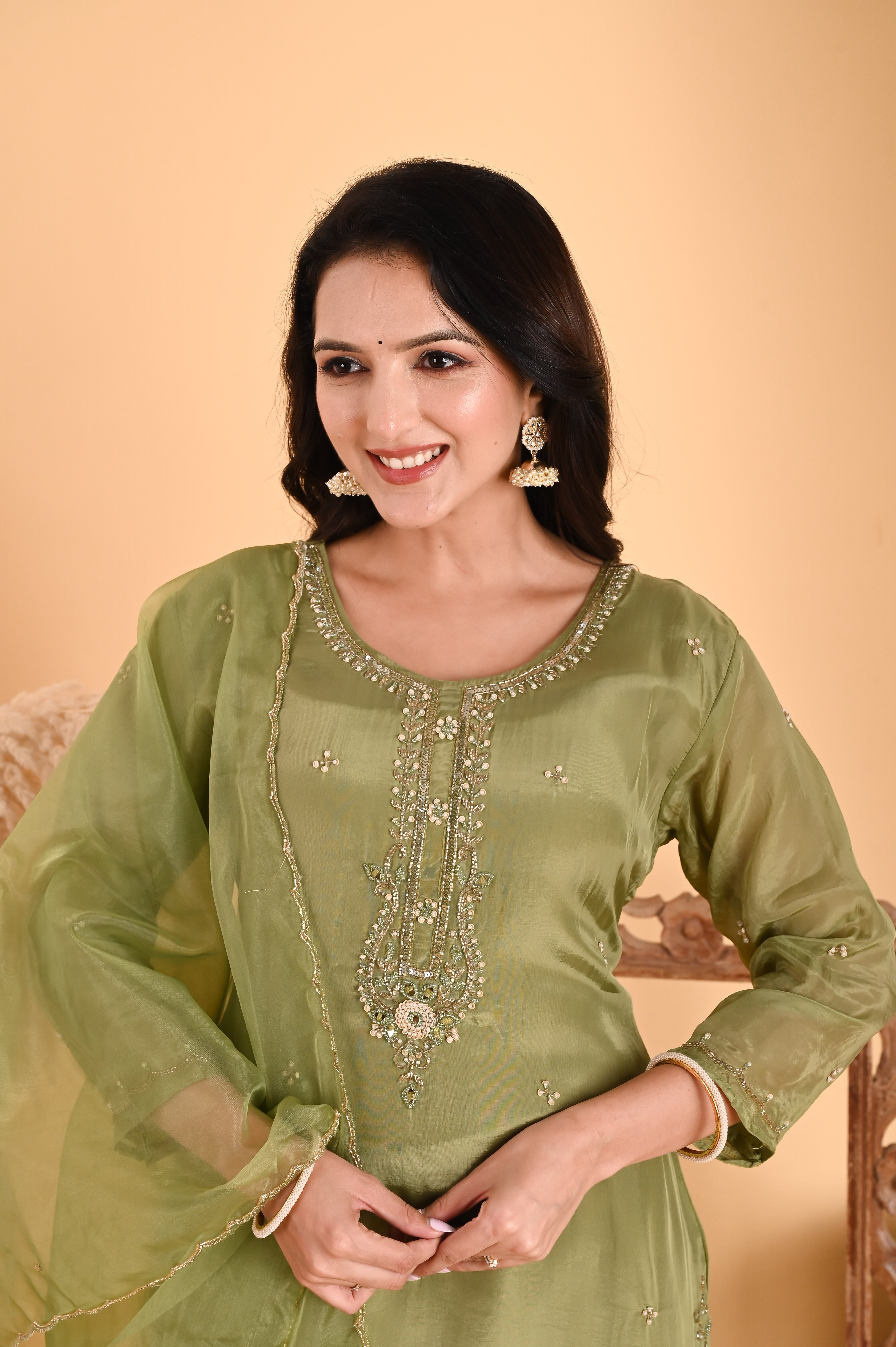 NR-114/ Olive Green Sequin Embroidered Kurta Set with Organza Dupatta