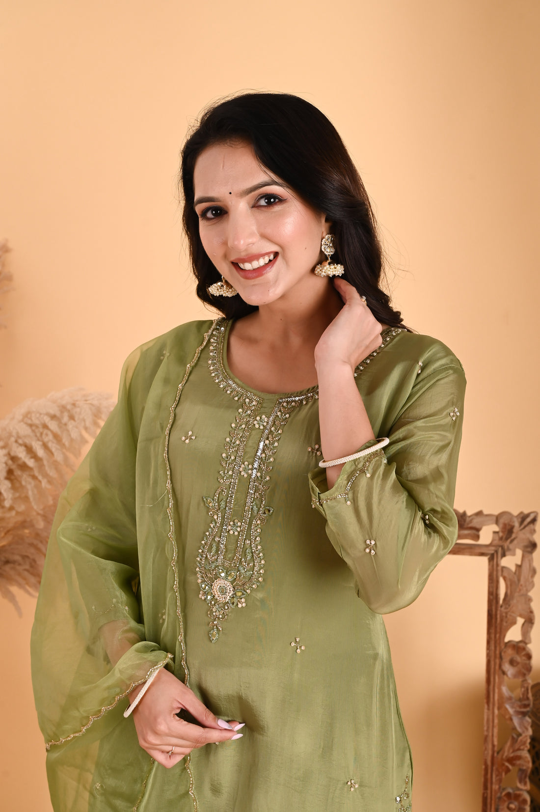 NR-114/ Olive Green Sequin Embroidered Kurta Set with Organza Dupatta