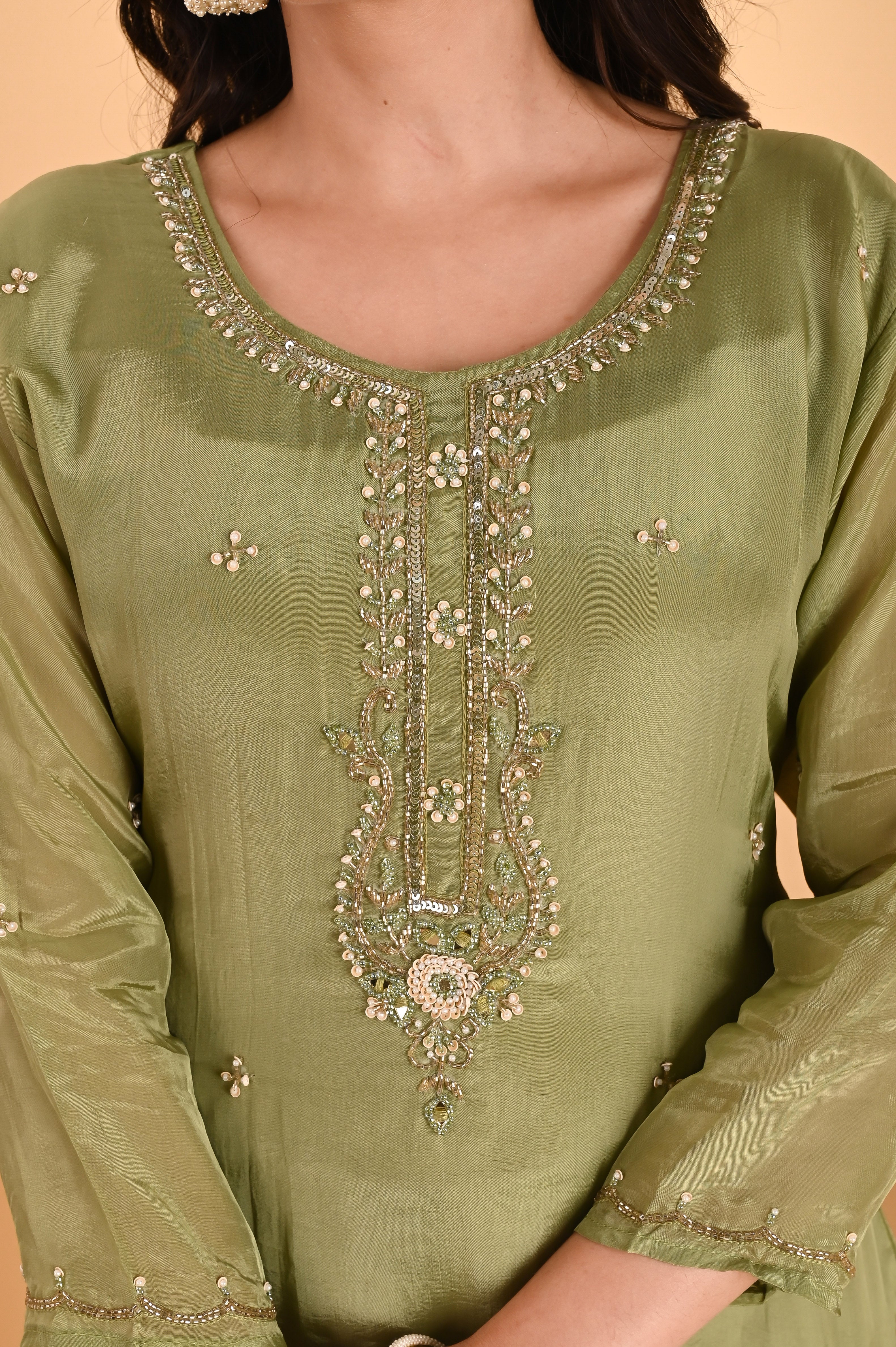 NR-114/ Olive Green Sequin Embroidered Kurta Set with Organza Dupatta