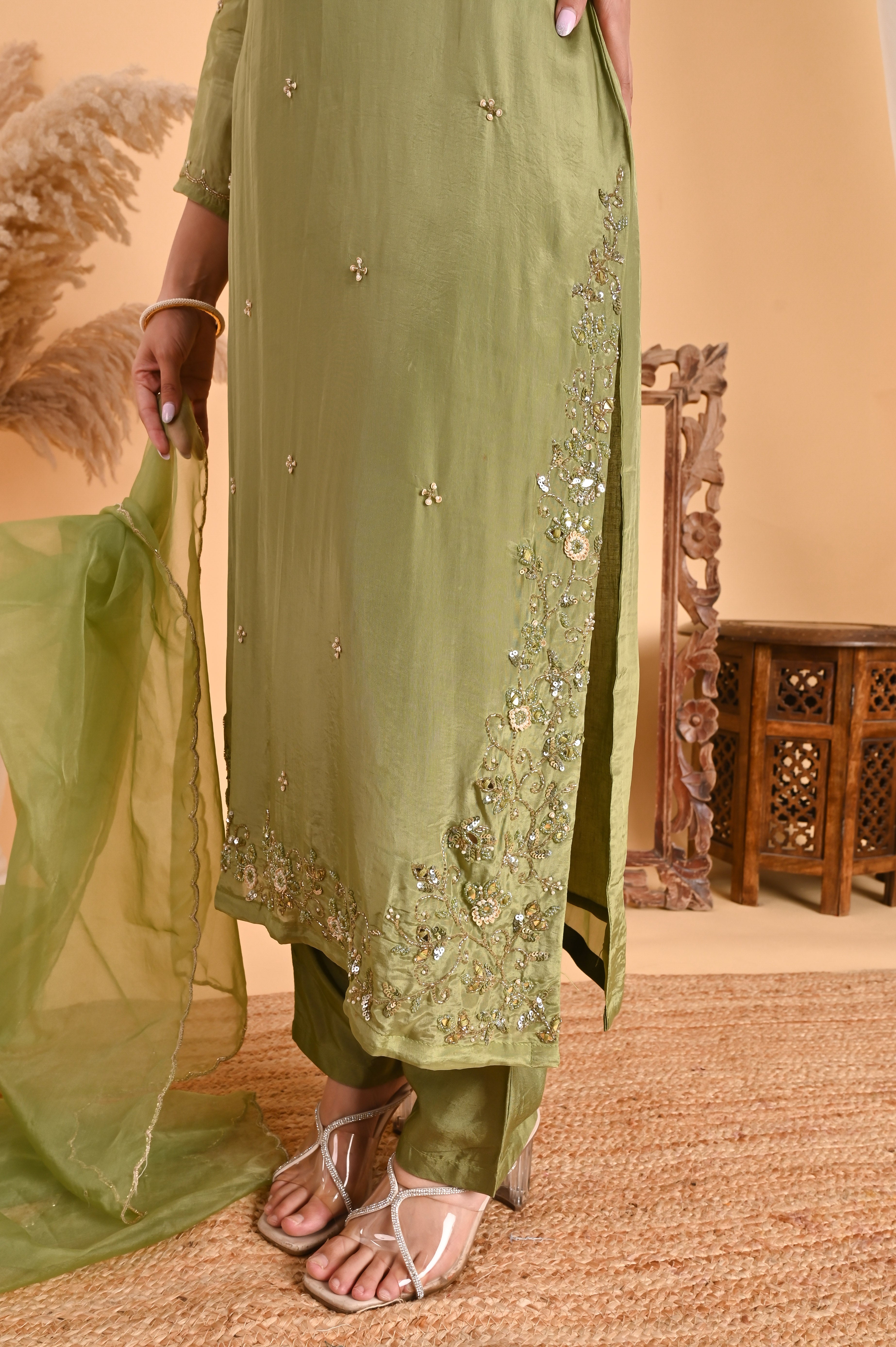 NR-114/ Olive Green Sequin Embroidered Kurta Set with Organza Dupatta