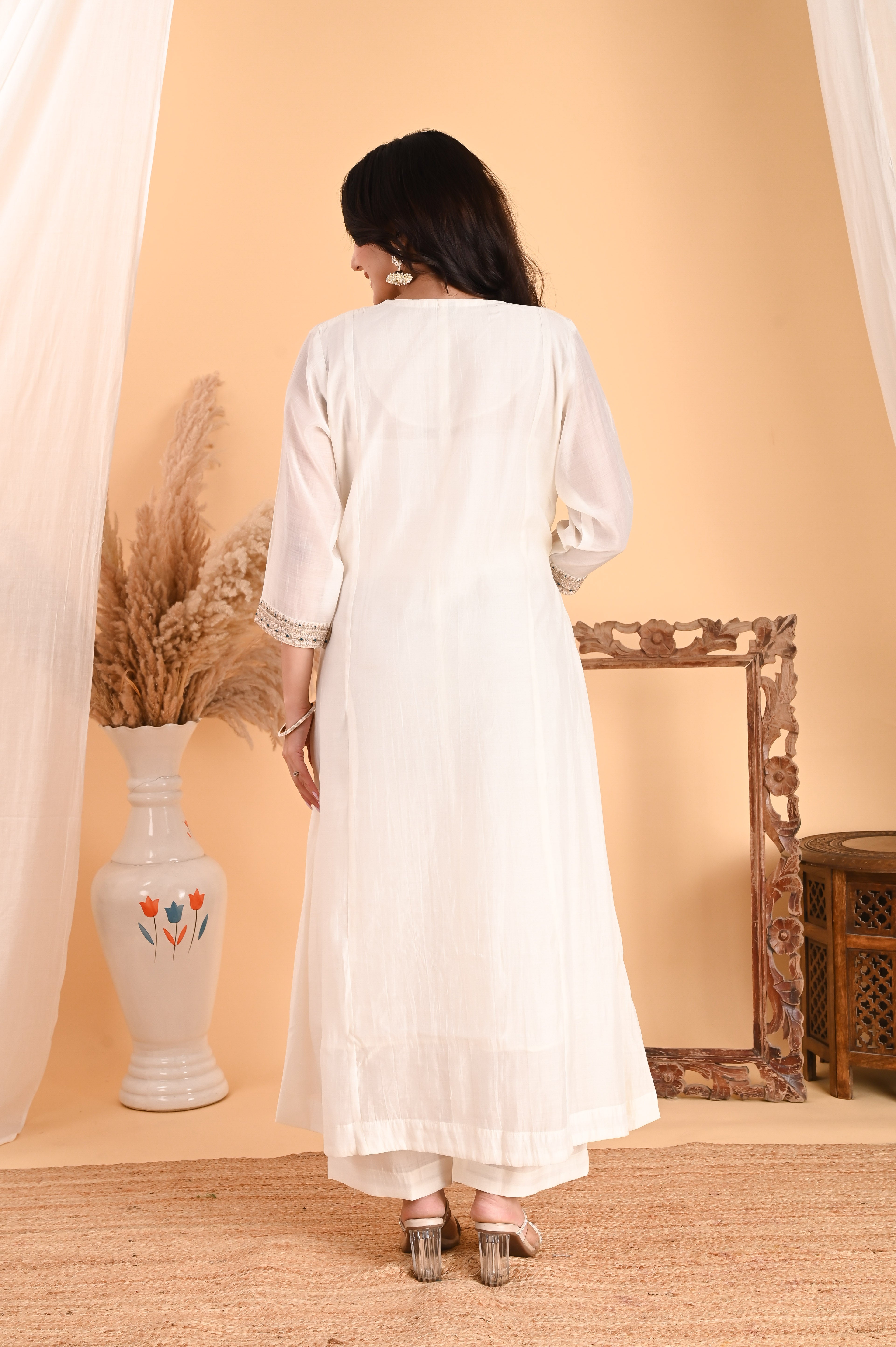 NR-101/ Ivory Floral Embroidered A-Line Kurta Set with Blue Dupatta