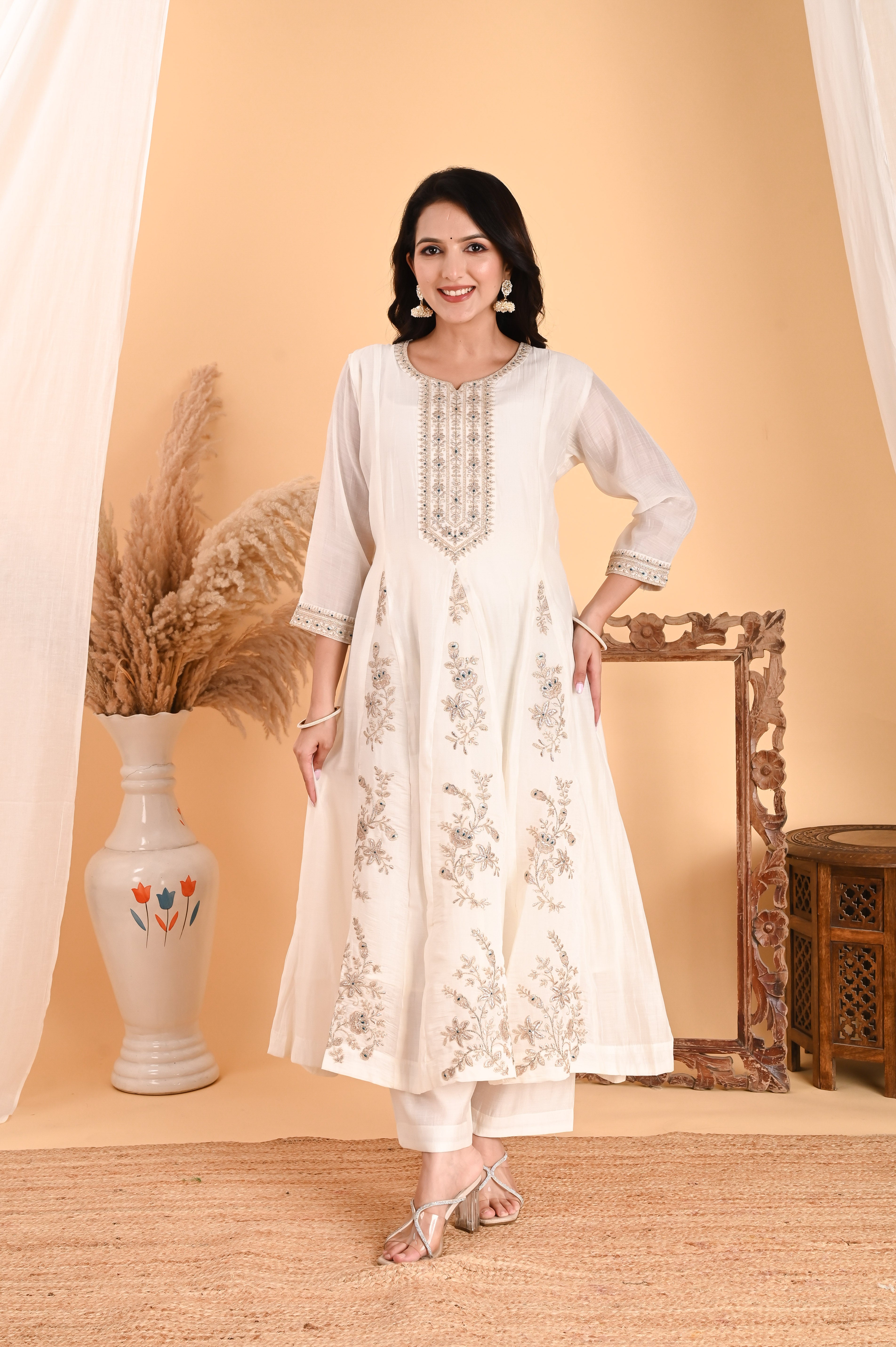 NR-101/ Ivory Floral Embroidered A-Line Kurta Set with Blue Dupatta