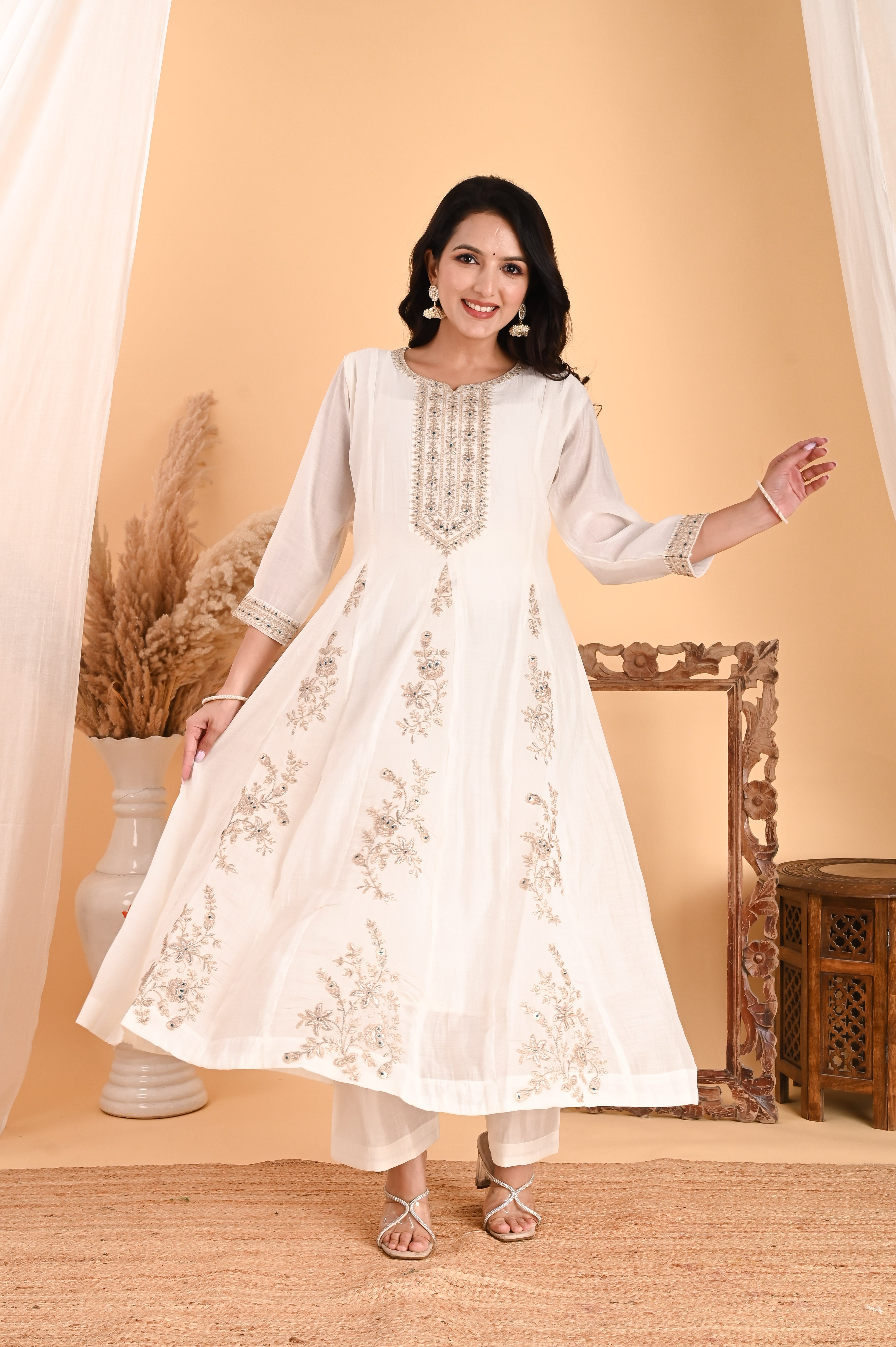 NR-101/ Ivory Floral Embroidered A-Line Kurta Set with Blue Dupatta