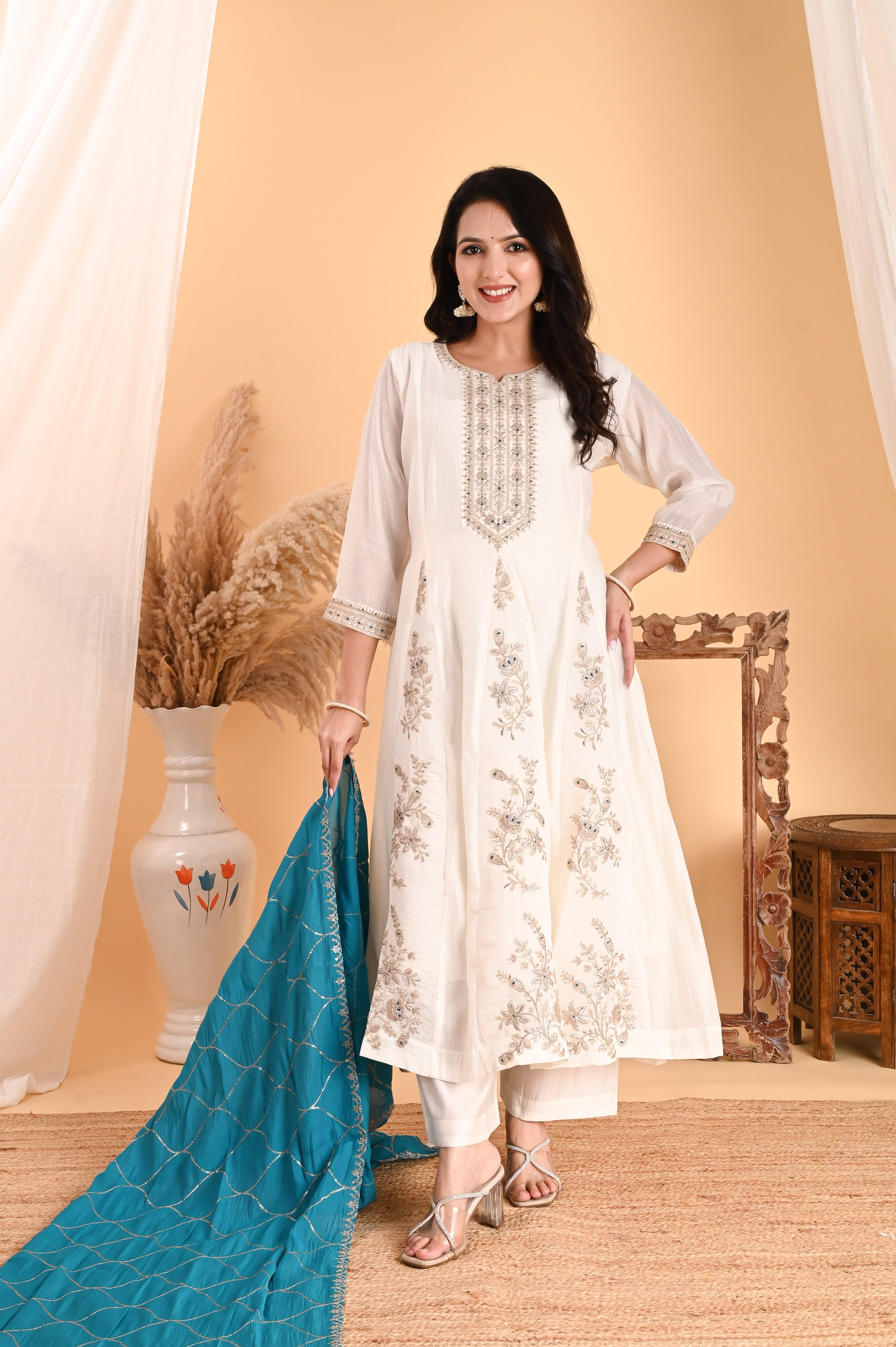 NR-101/ Ivory Floral Embroidered A-Line Kurta Set with Blue Dupatta