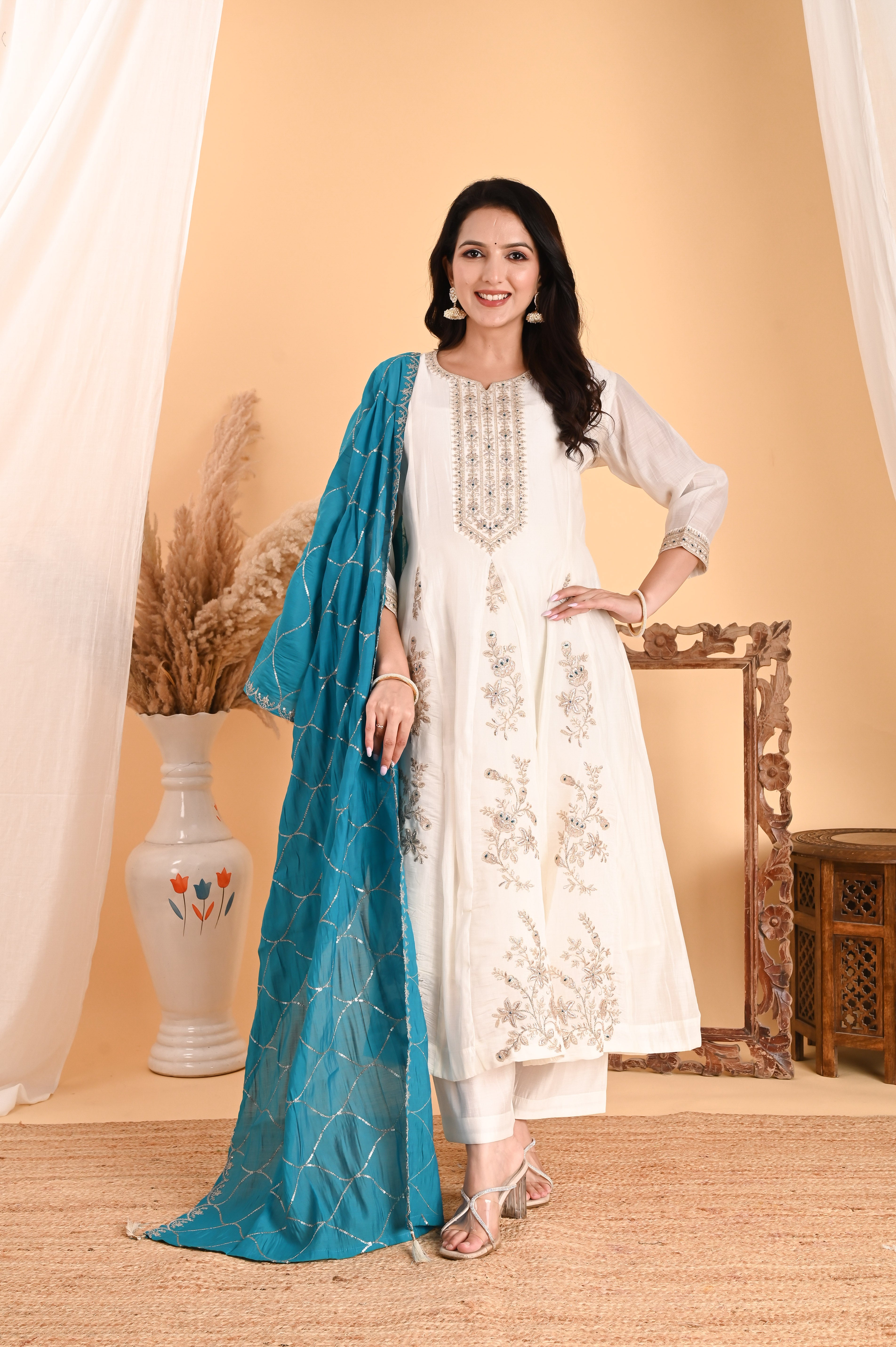 NR-101/ Ivory Floral Embroidered A-Line Kurta Set with Blue Dupatta