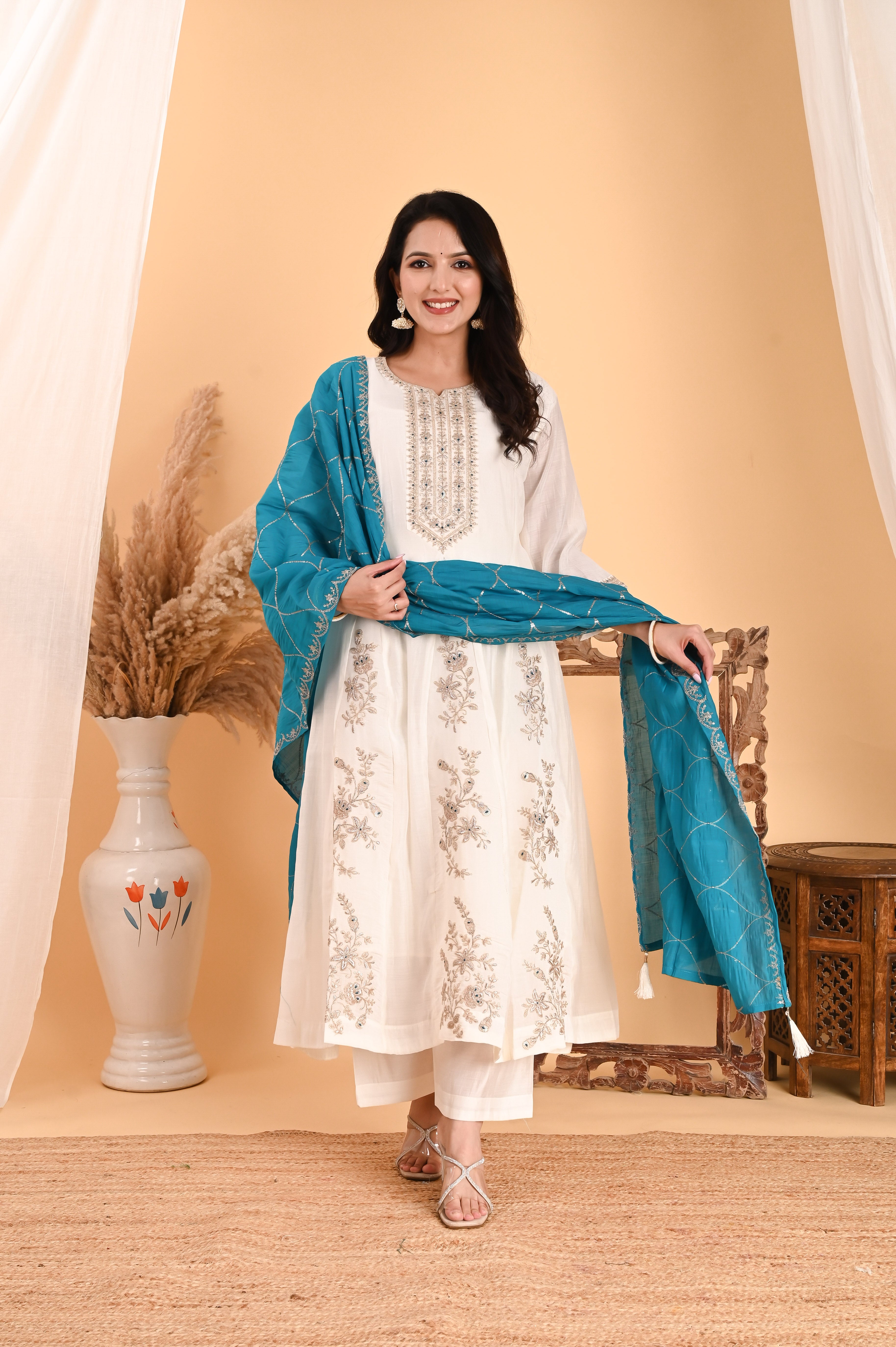 NR-101/ Ivory Floral Embroidered A-Line Kurta Set with Blue Dupatta