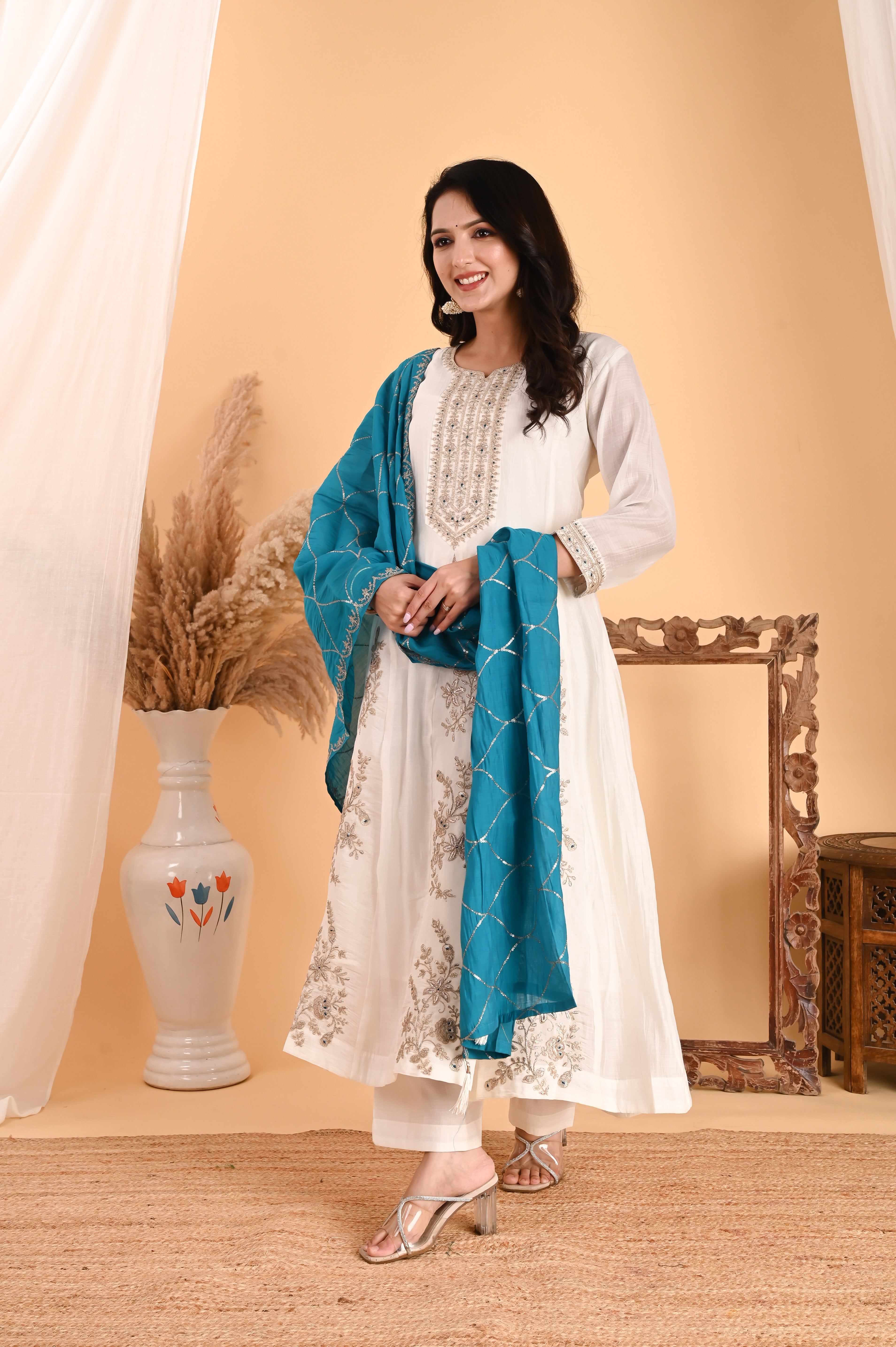 NR-101/ Ivory Floral Embroidered A-Line Kurta Set with Blue Dupatta