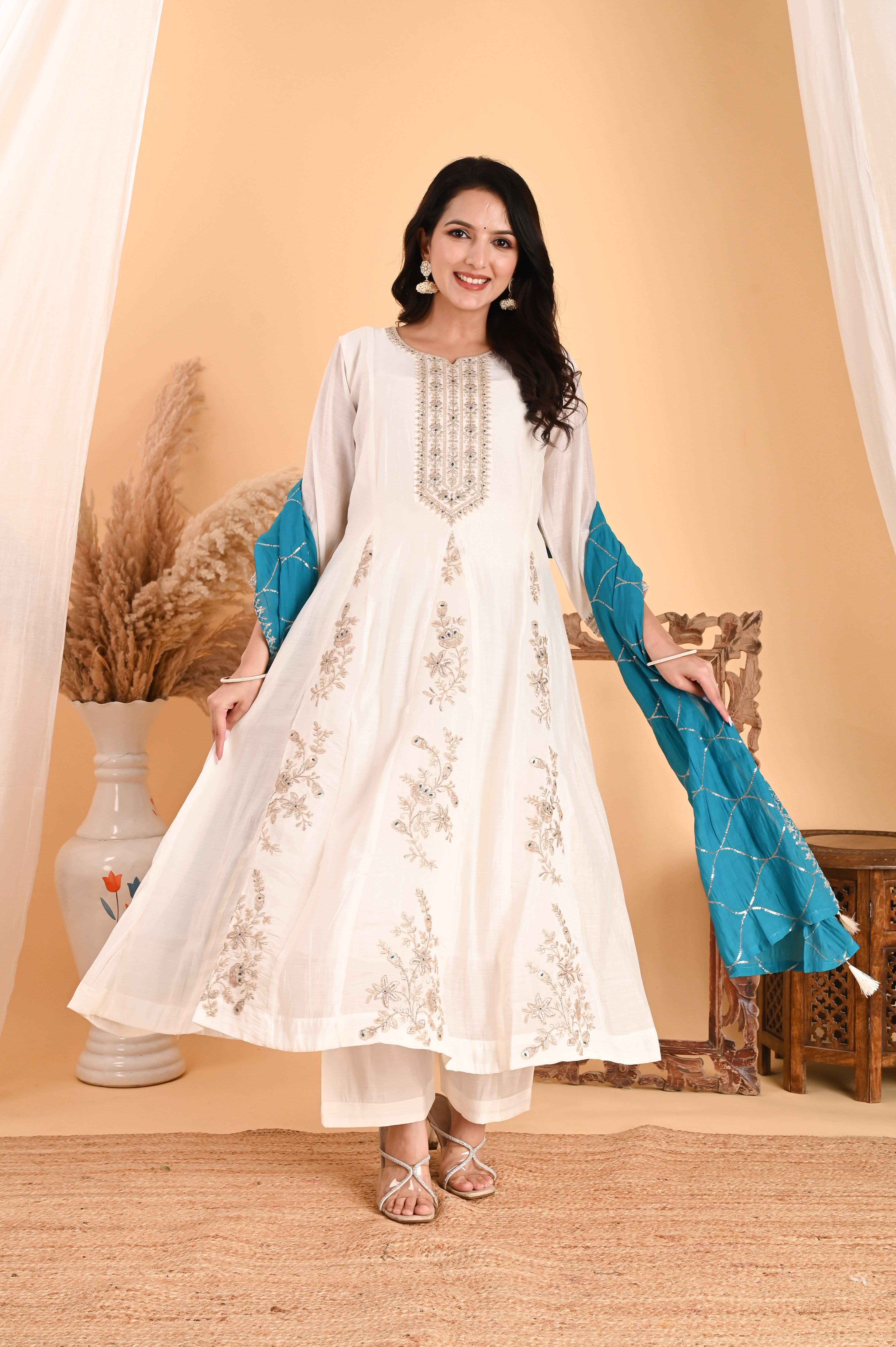 NR-101/ Ivory Floral Embroidered A-Line Kurta Set with Blue Dupatta