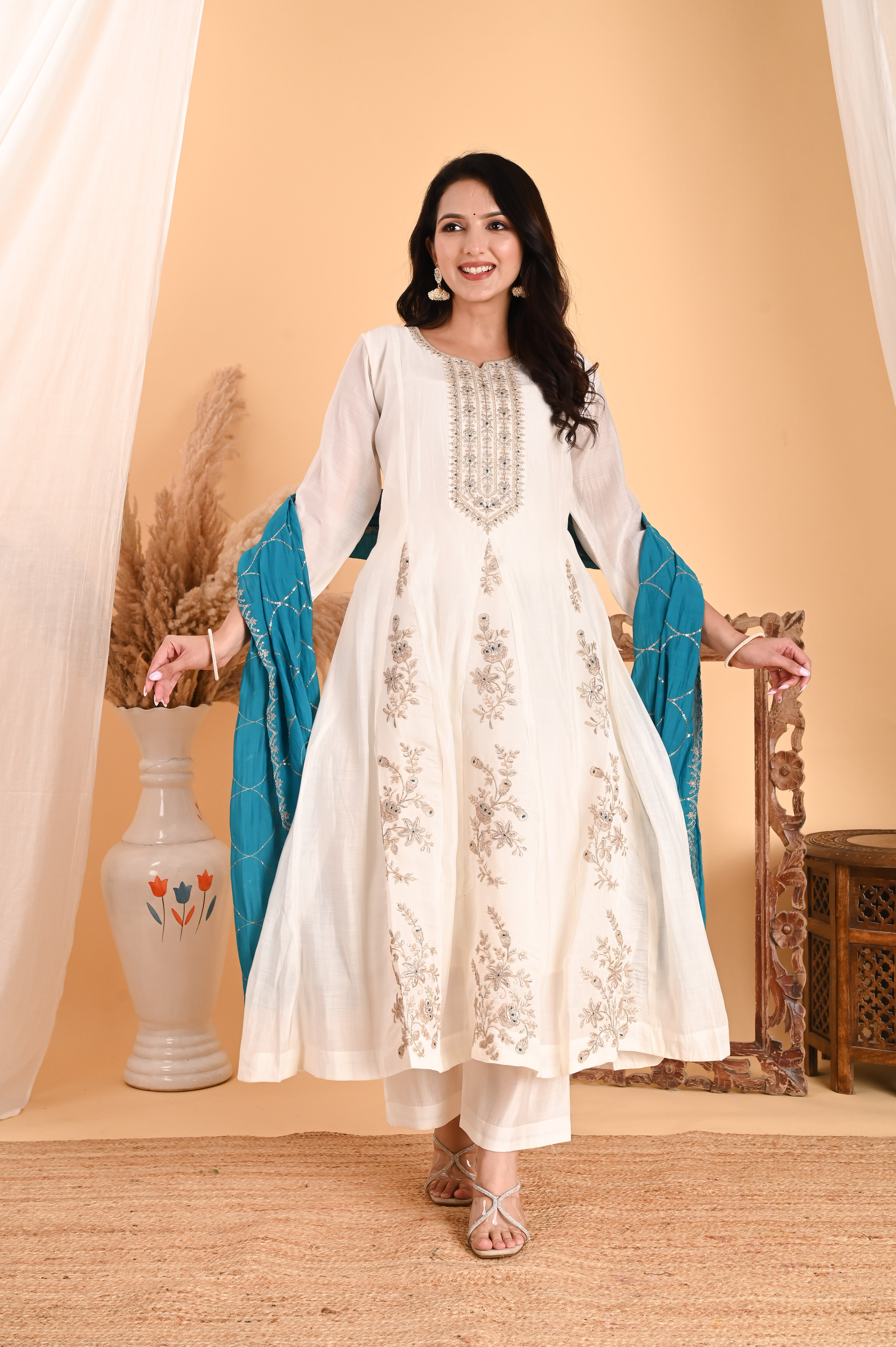 NR-101/ Ivory Floral Embroidered A-Line Kurta Set with Blue Dupatta