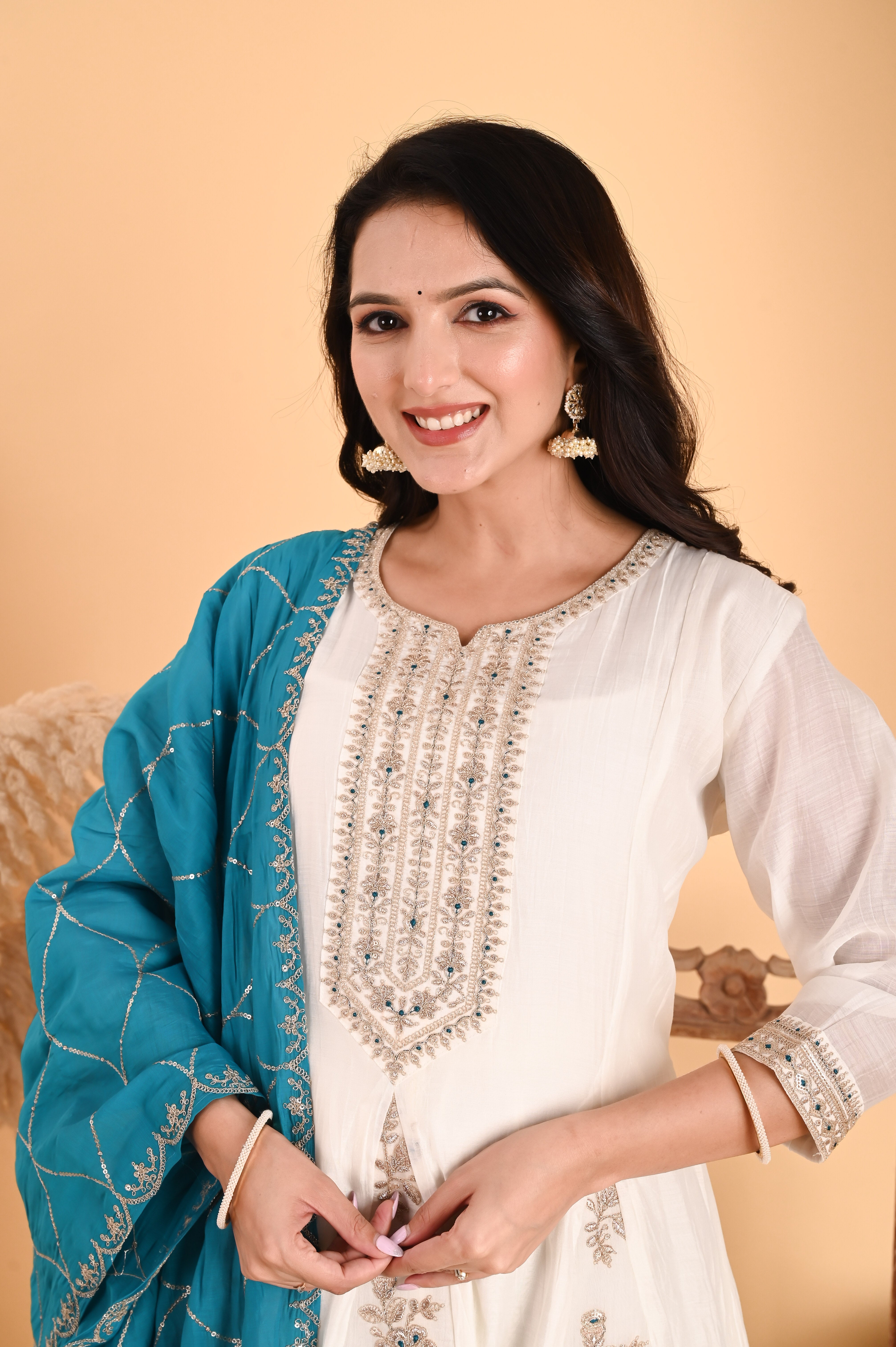 NR-101/ Ivory Floral Embroidered A-Line Kurta Set with Blue Dupatta