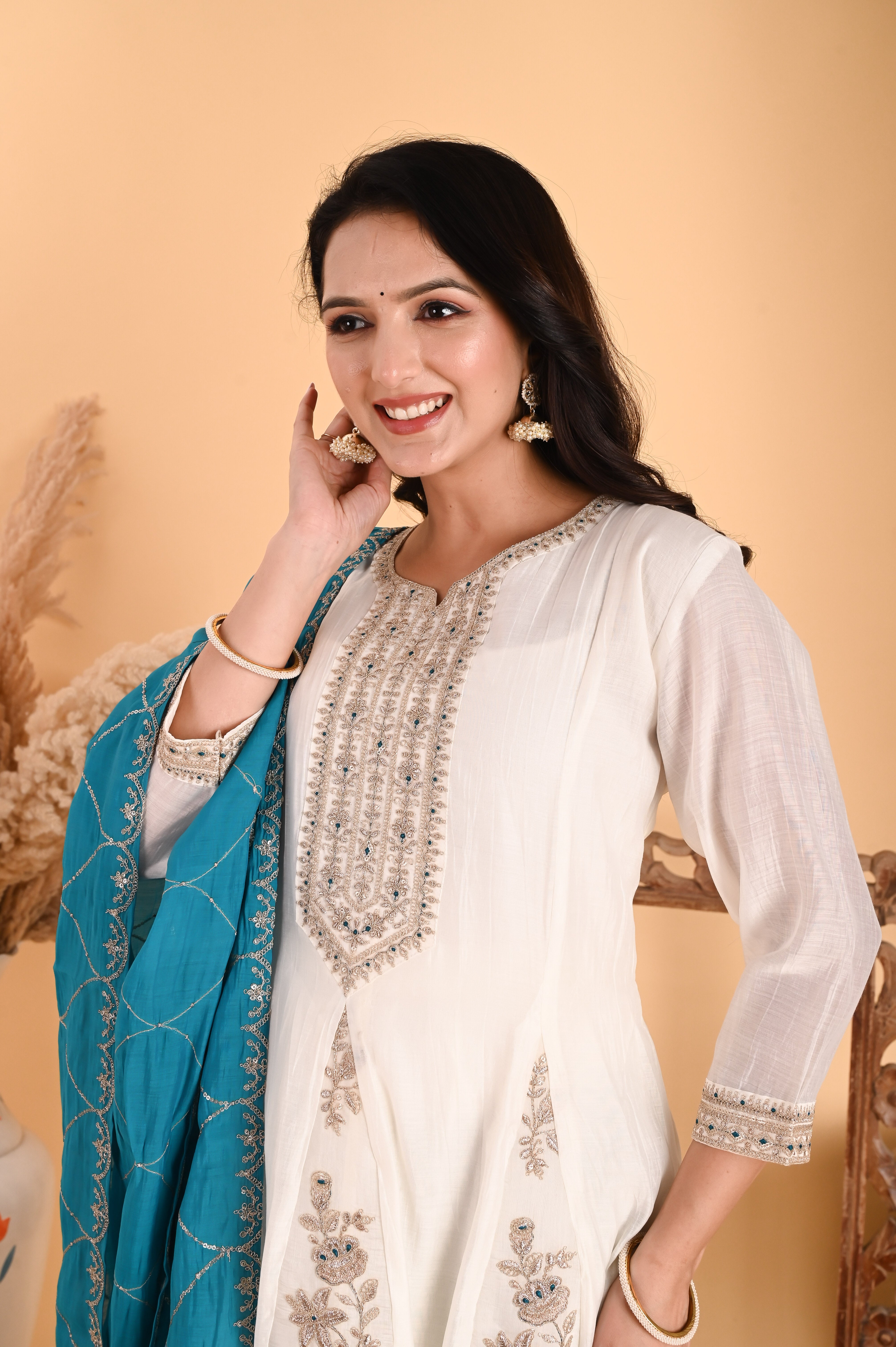 NR-101/ Ivory Floral Embroidered A-Line Kurta Set with Blue Dupatta