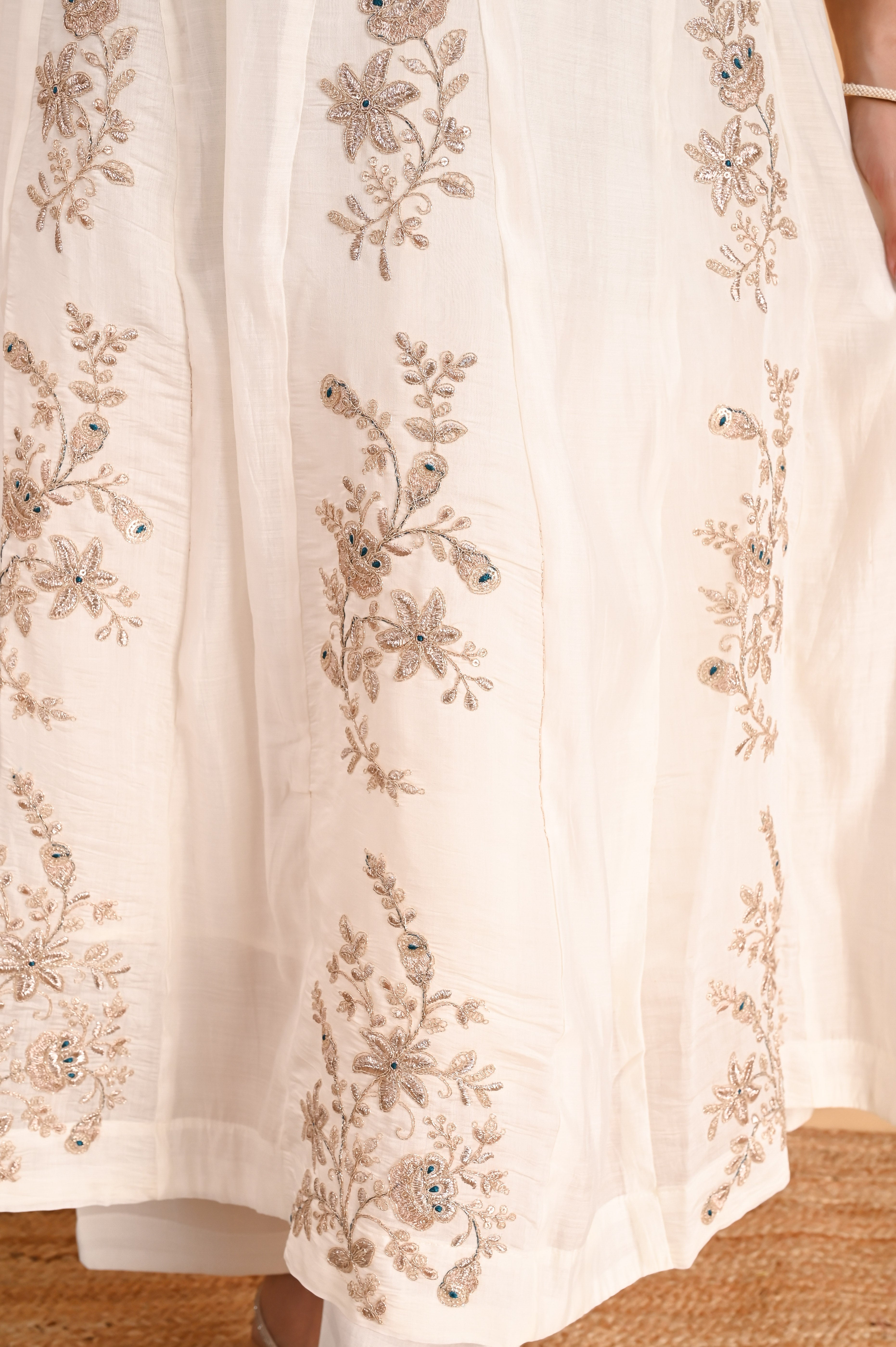 NR-101/ Ivory Floral Embroidered A-Line Kurta Set with Blue Dupatta