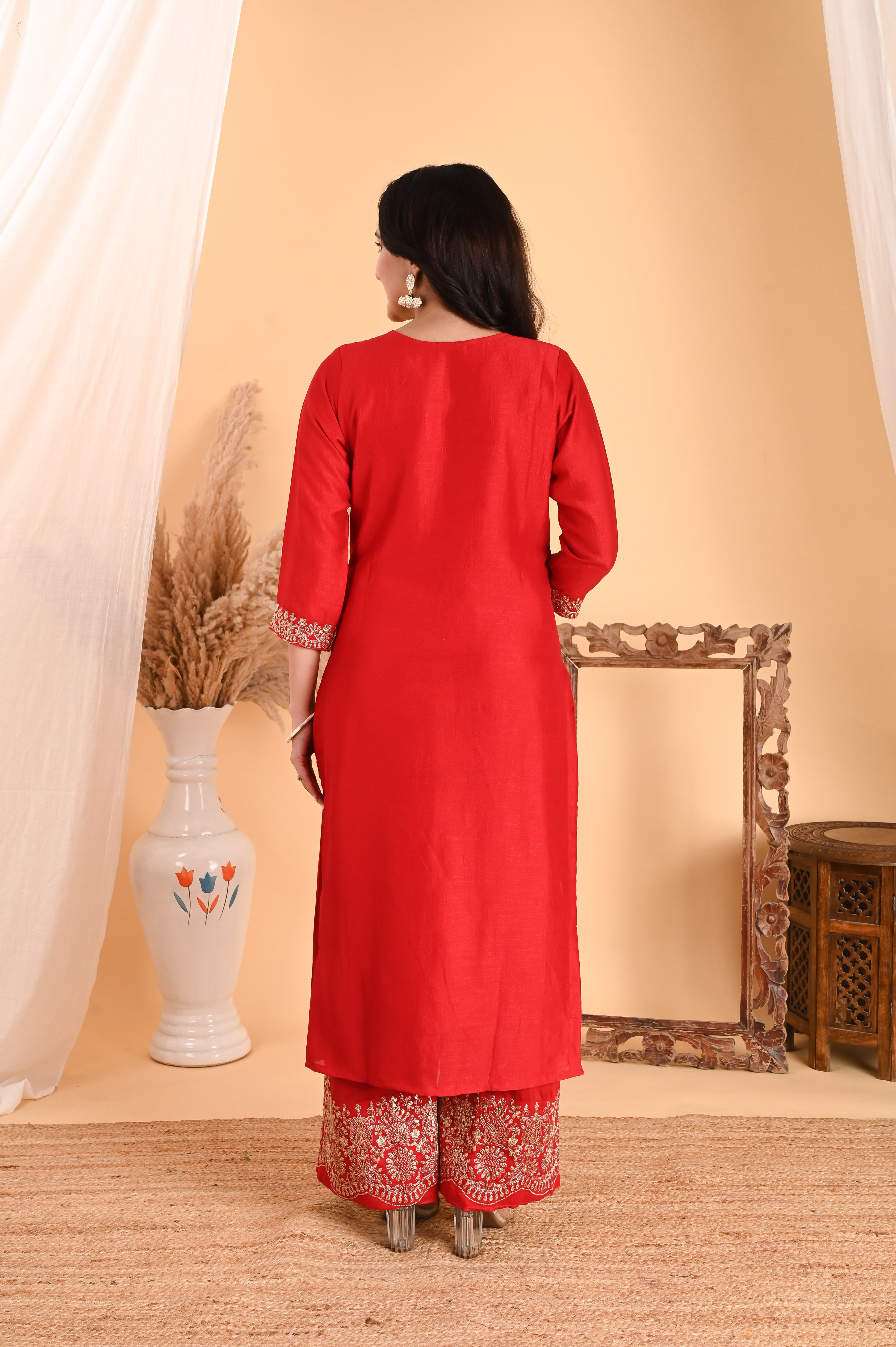 NR-108/ Red Silk Embroidered Kurta Set with Palazzo and Dupatta