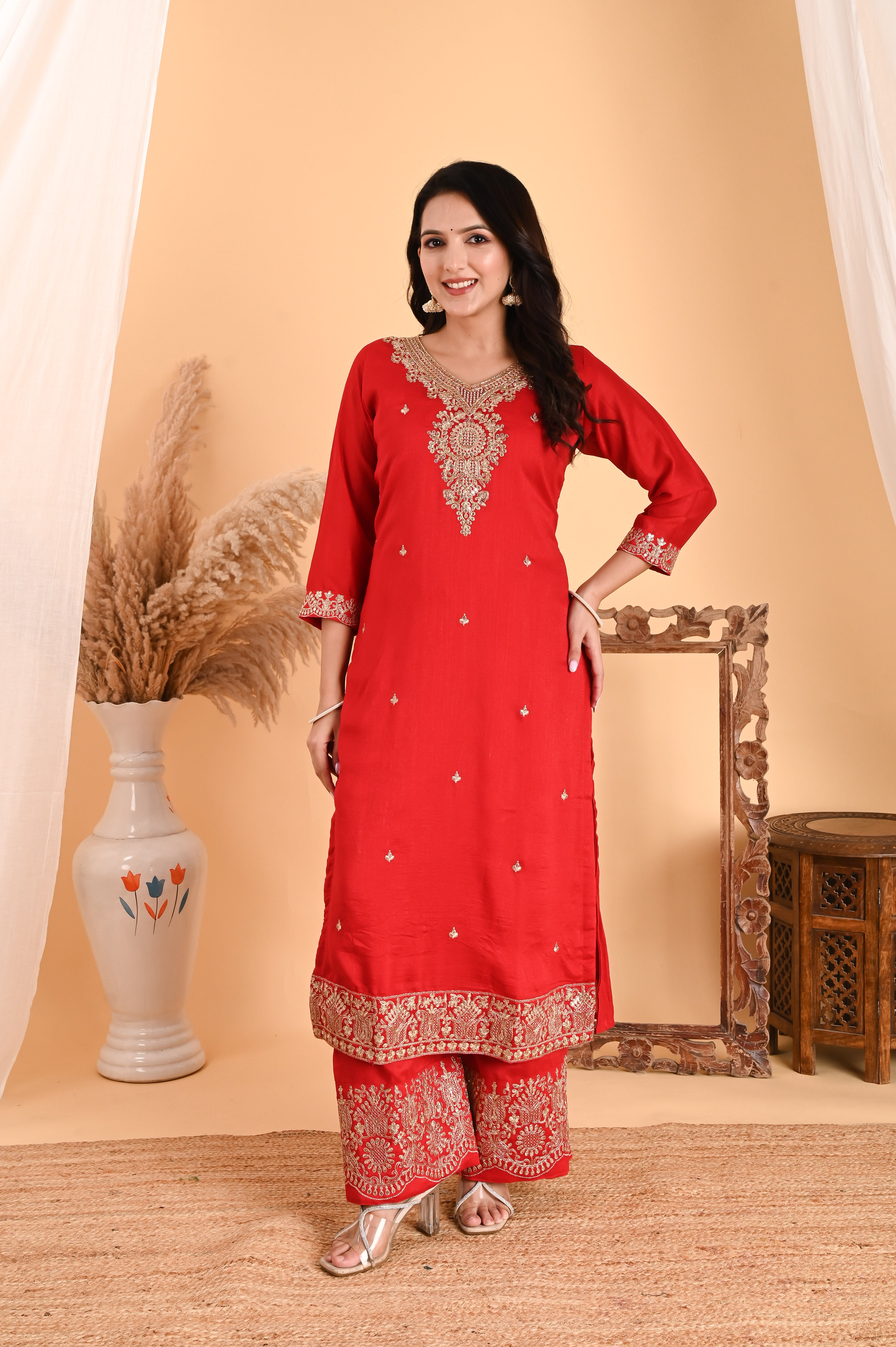 NR-108/ Red Silk Embroidered Kurta Set with Palazzo and Dupatta