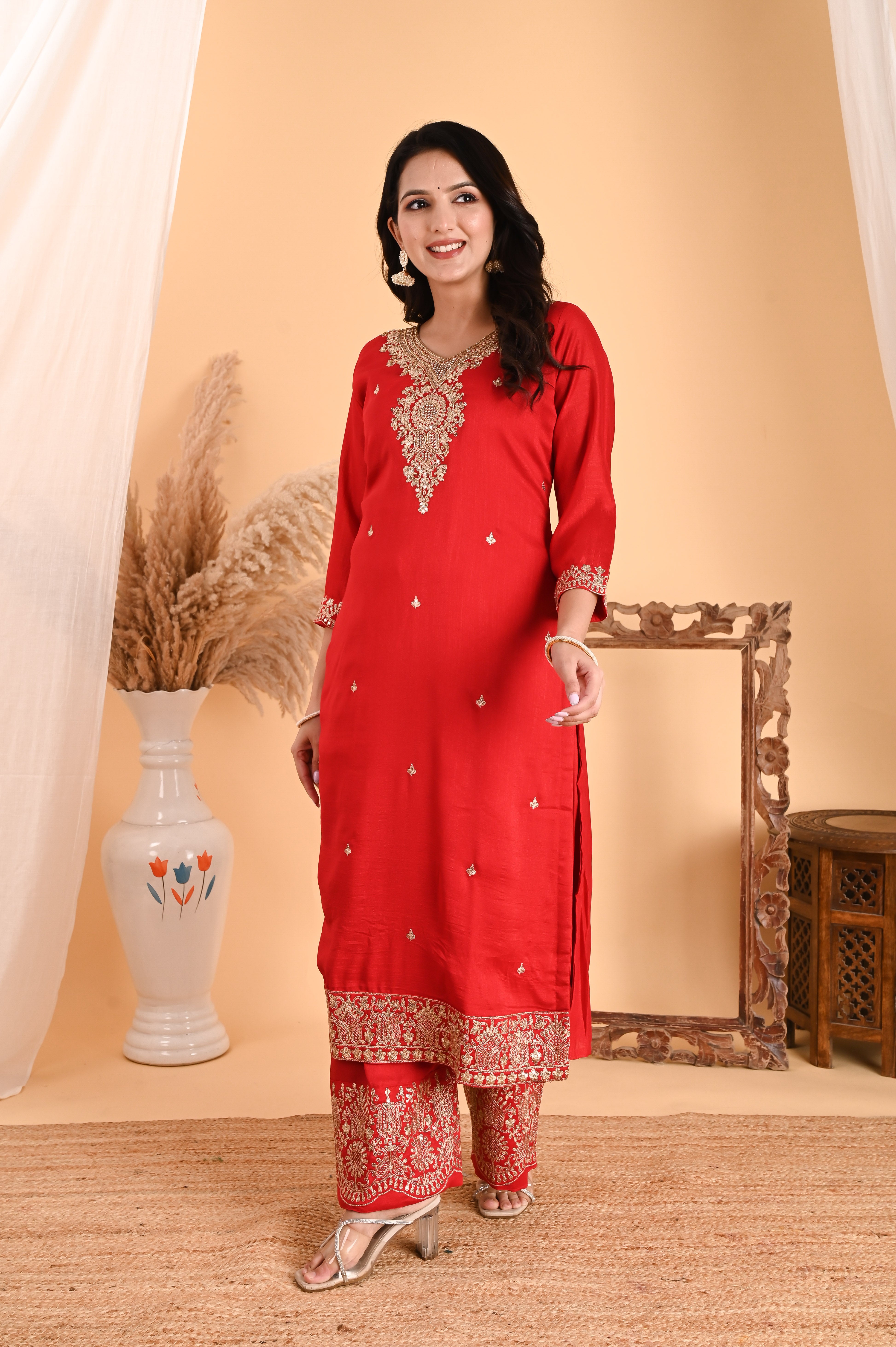 NR-108/ Red Silk Embroidered Kurta Set with Palazzo and Dupatta