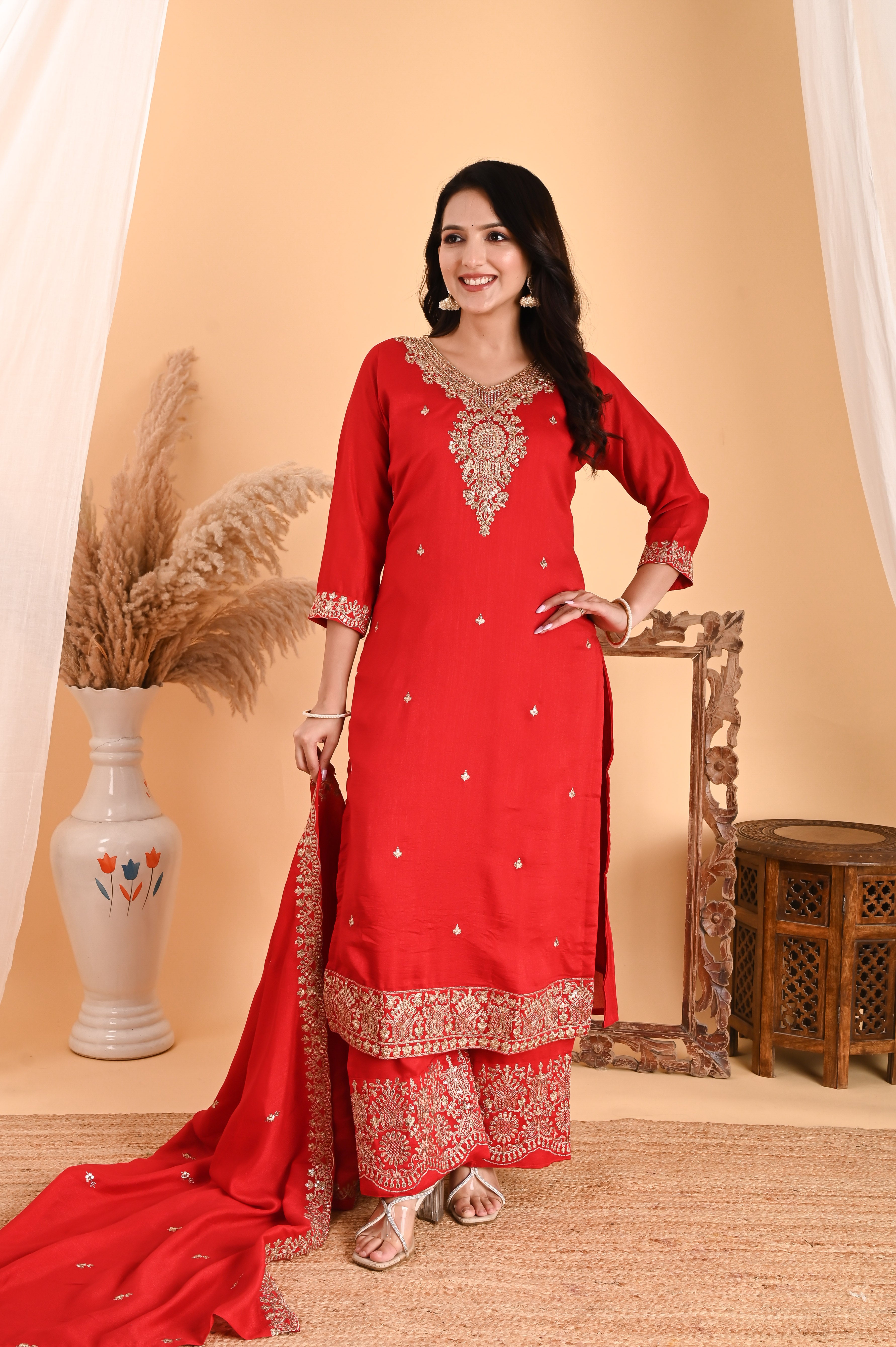 NR-108/ Red Silk Embroidered Kurta Set with Palazzo and Dupatta